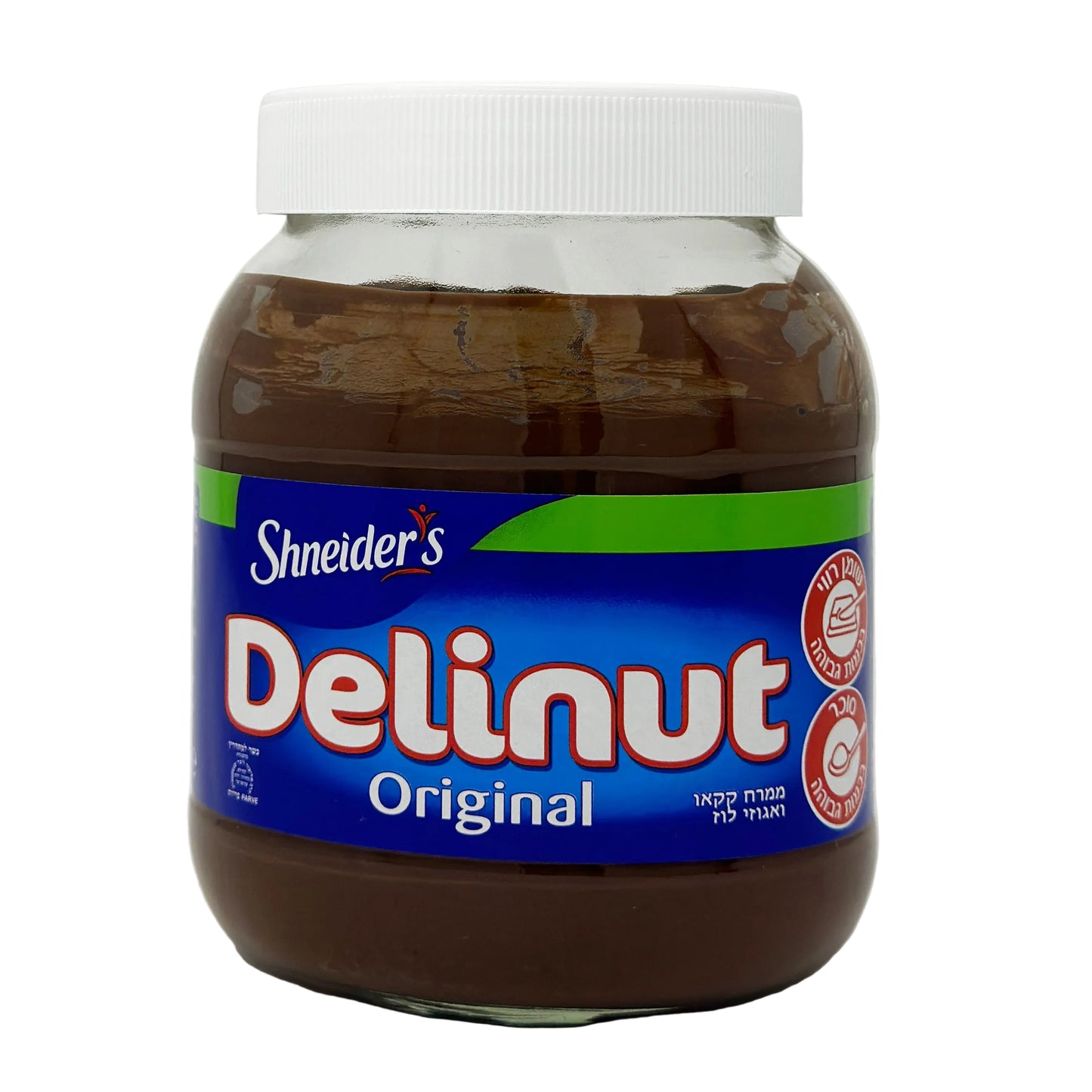 A jar of Shneider's Delinut Spread Original with a green and blue label, showing the product name and the word 'Original' displayed prominently.