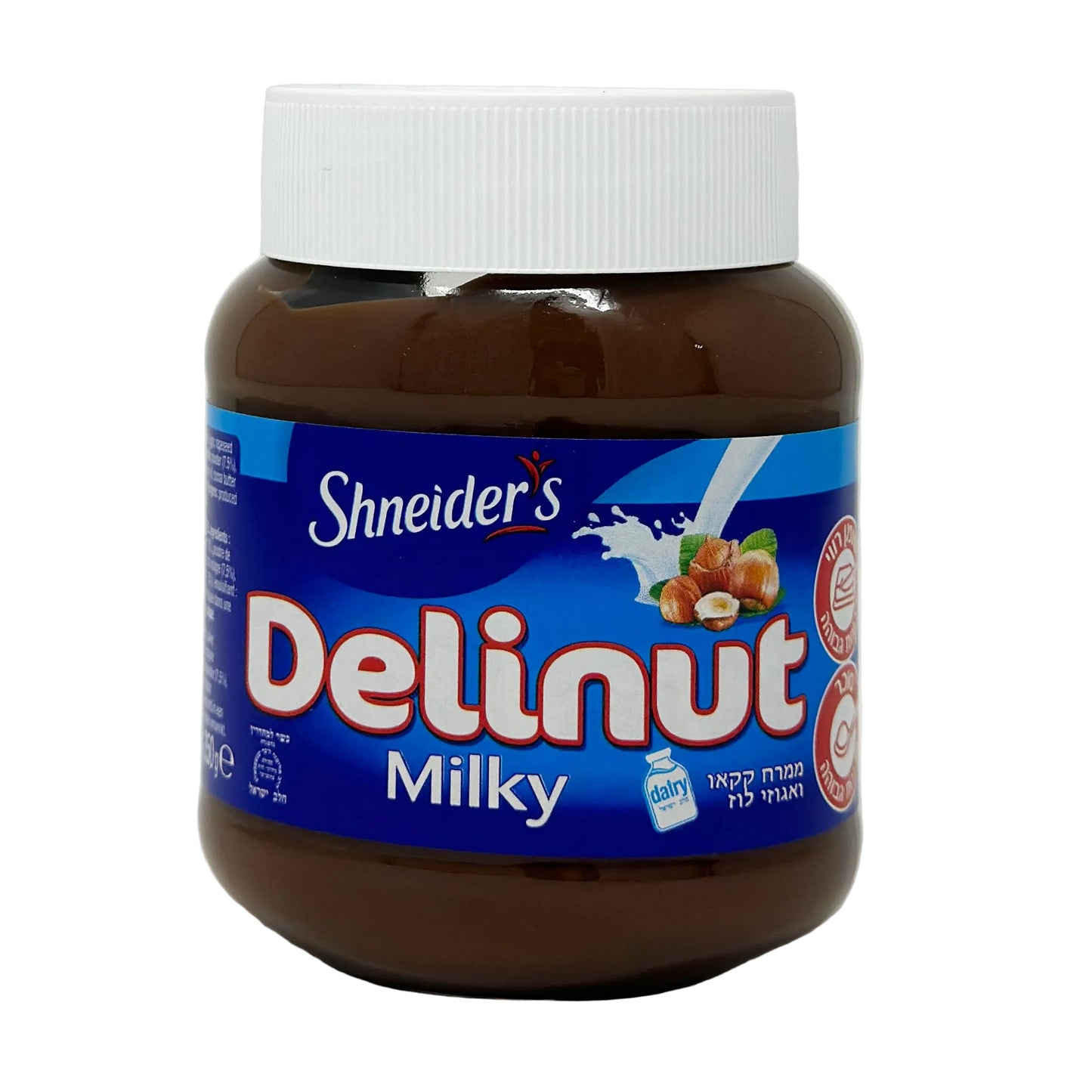 A jar of Shneider's Delinut Milky spread with a blue and white label, indicating the product is kosher.