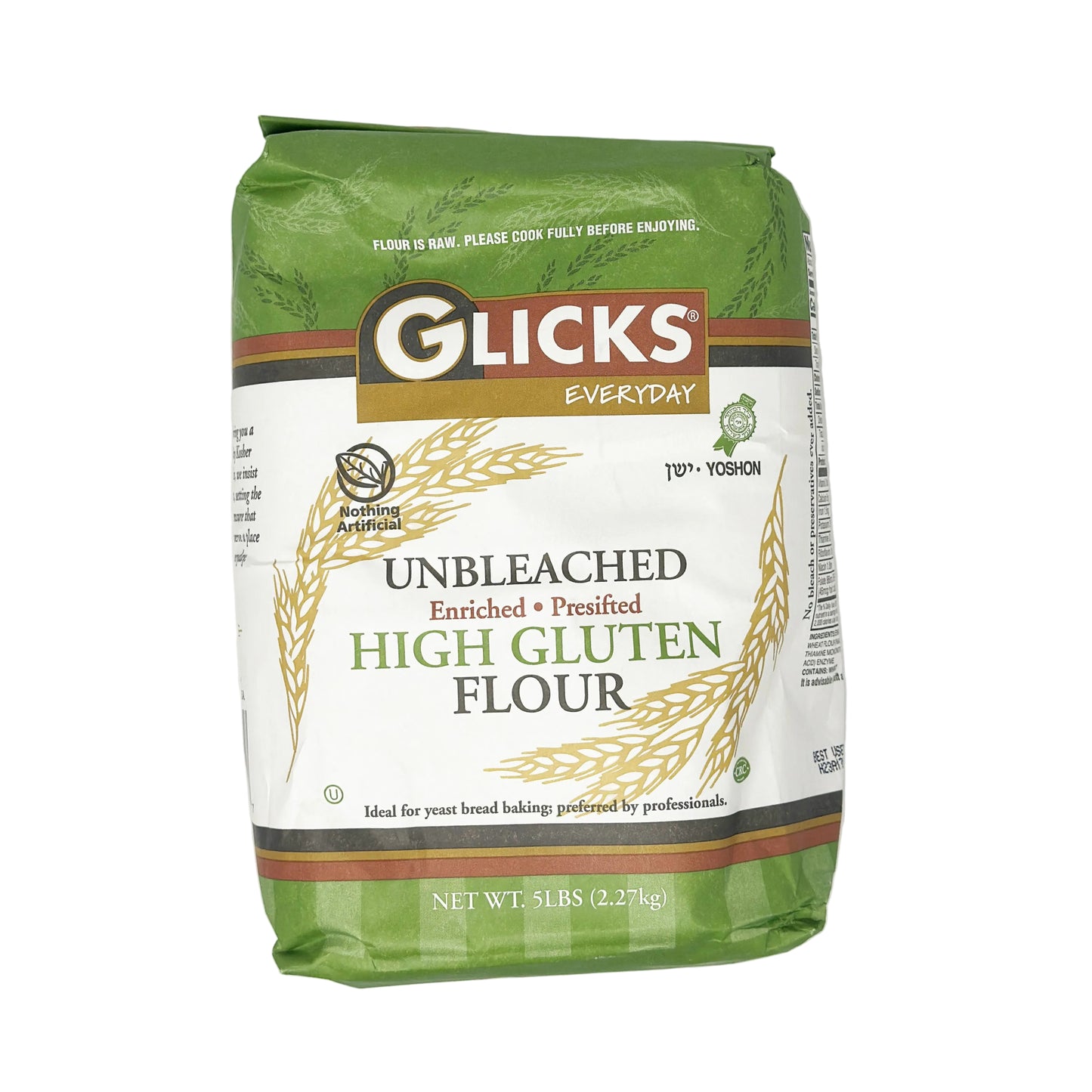A 5 lb bag of Glicks Unbleached High Gluten Flour with a green label, displaying the brand name, product type, and a request for no preservatives.