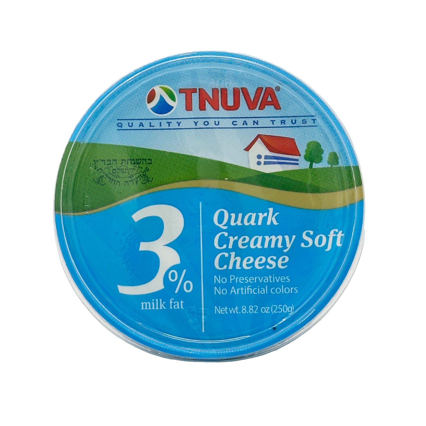 A container of Tnuva Quark Creamy Soft Cheese with 3% fat content, showing the product branding and information.