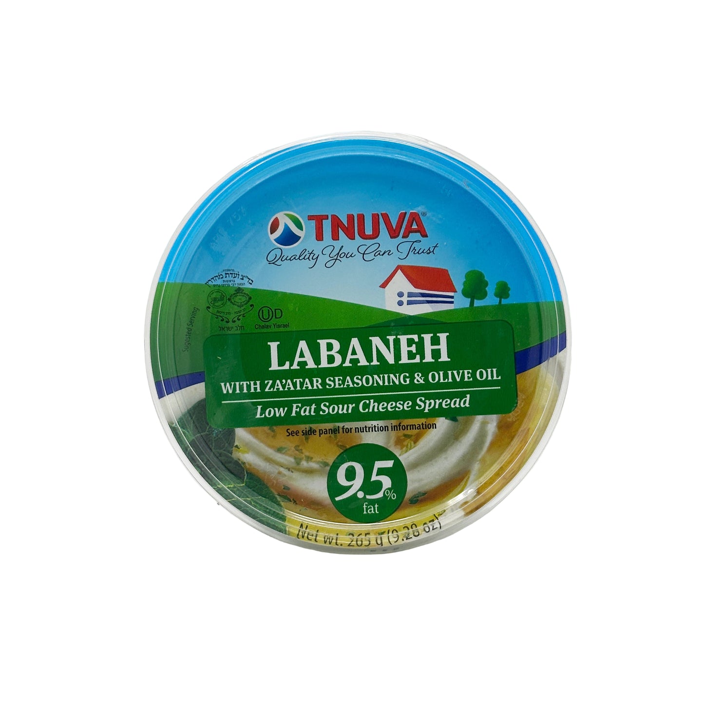 A container of Tnuva Labaneh with Za'atar & Olive Oil. The label shows the product name, the fat content of 9.