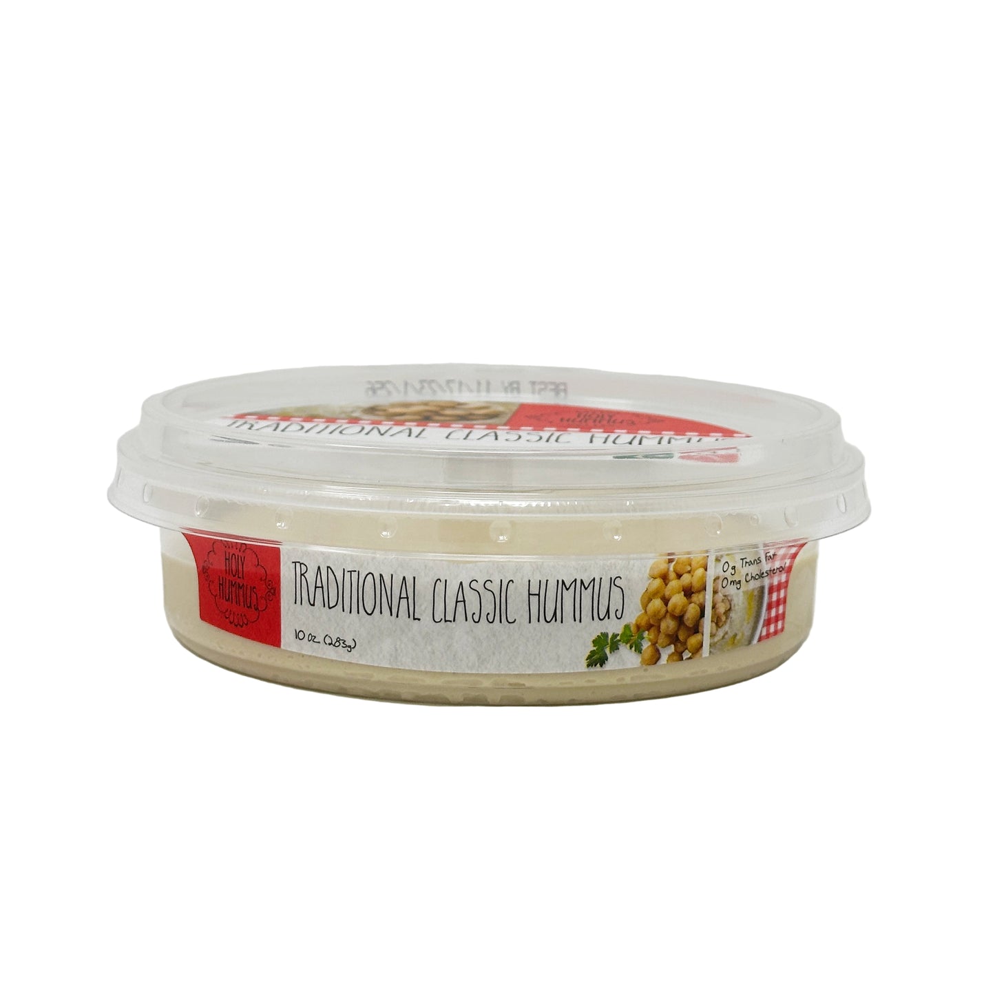 A 10 oz container of Holy Hummus Traditional Classic Hummus, with a clear view of the product labeling which includes the brand name and the flavor.