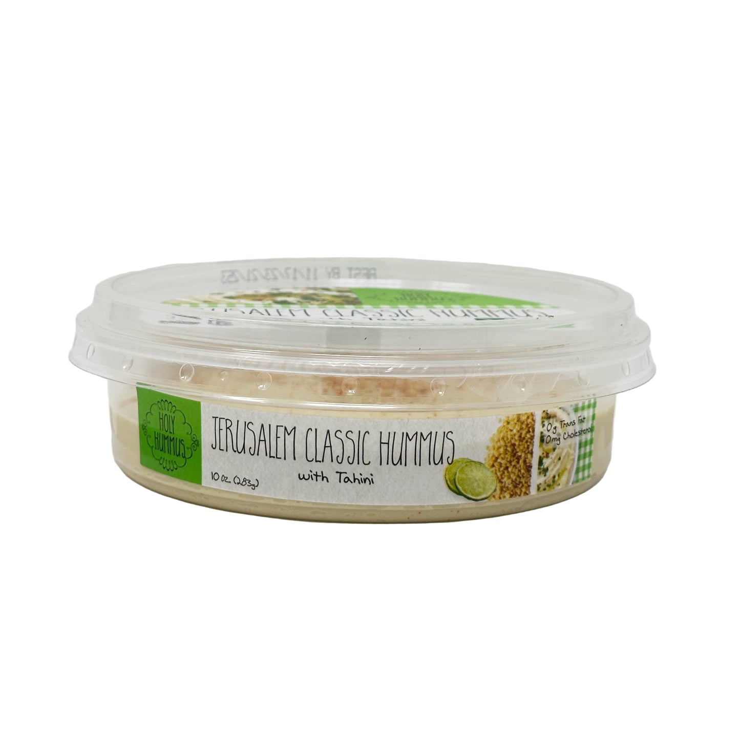 A clear plastic container of Holy Hummus Jerusalem Classic Hummus, with a label displaying the brand name, product title, and an image of a cucumber, indicating it is a 10 oz product.