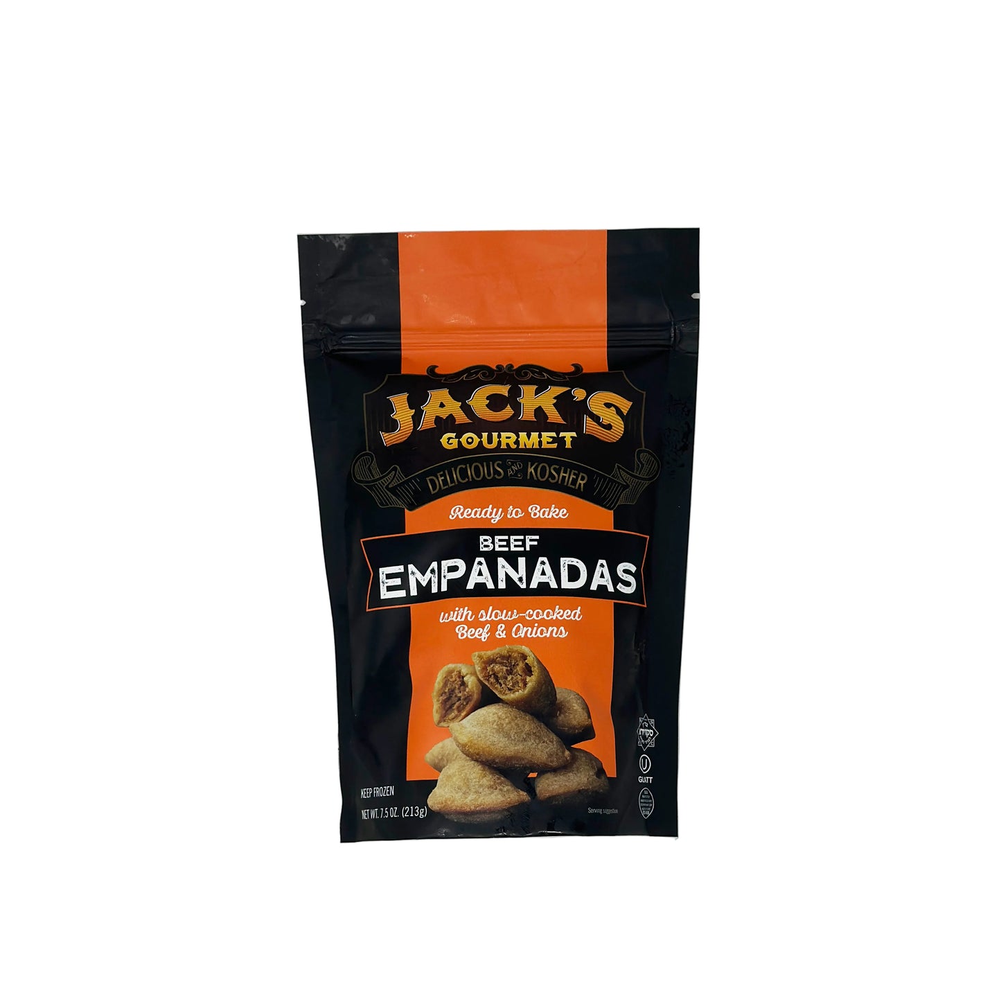 A package of Jack's Gourmet Beef Empanadas. The package is predominantly black and orange, with an image of the empanadas visible through a clear window.