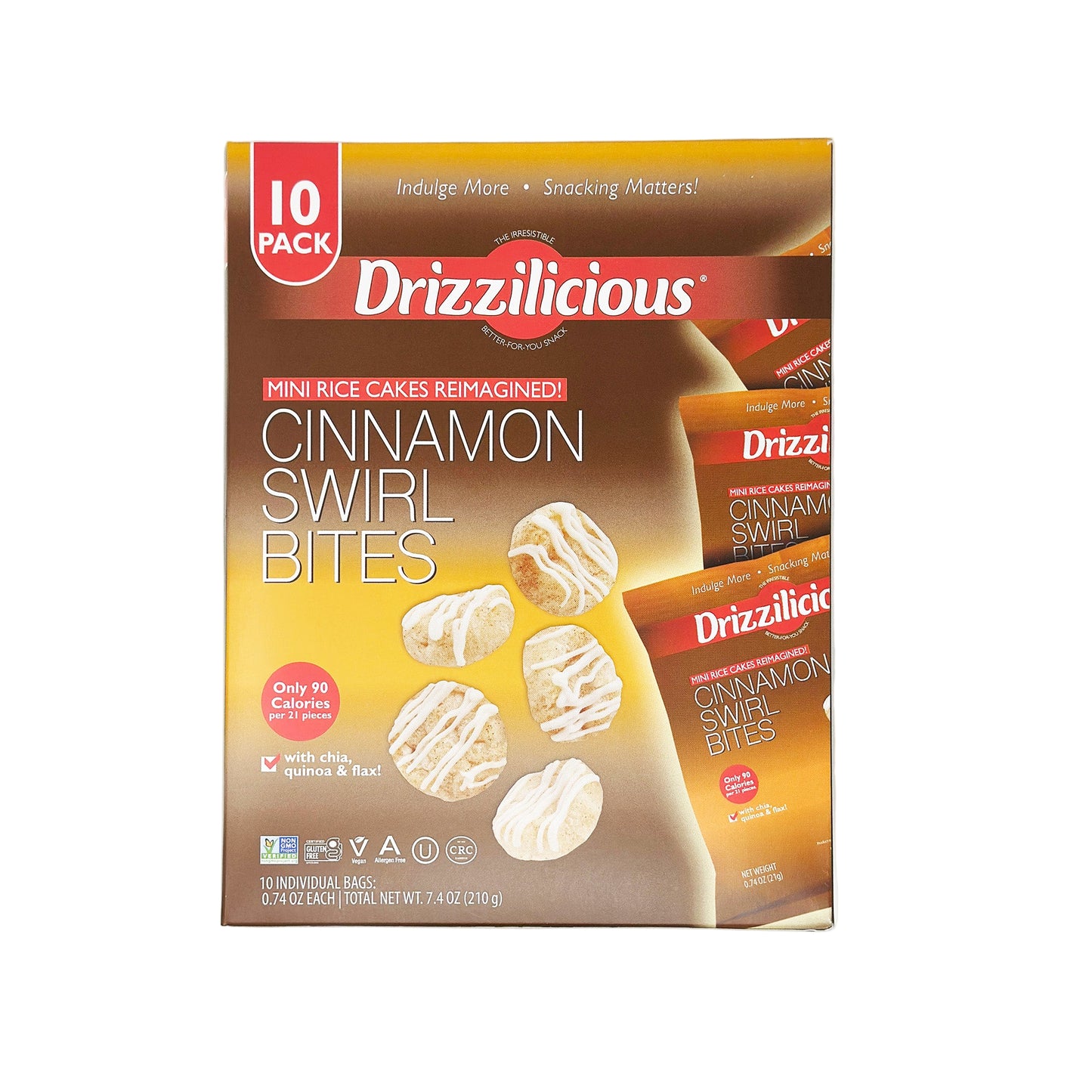 A package of Drizzilicious Cinnamon Swirl Bites featuring an image of the product, a 10-pack label, and various certification symbols like gluten-free, no preservatives, and non-GMO.