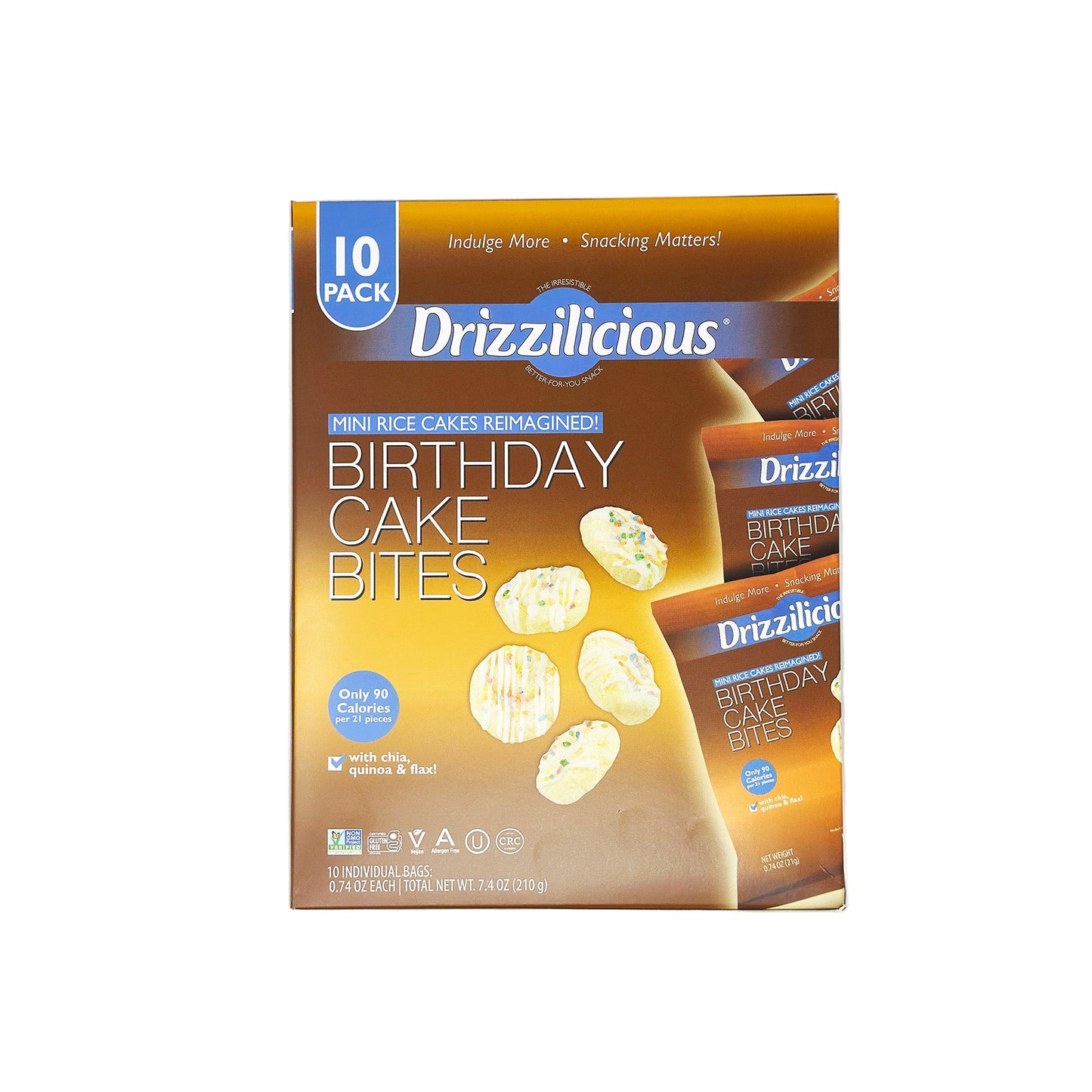 A package of Drizzilicious Birthday Cakes Bites featuring 10 individual packs with a birthday cake flavor theme.