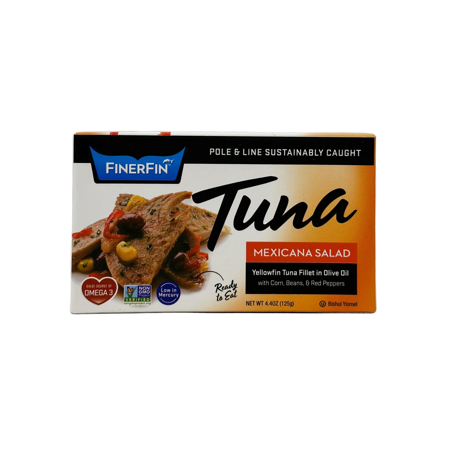 Packaging of FinerFin Tuna Mexicana Salad, showing the product and its name, with logos and images indicating it is pole and line caught, sustainable, and has no preservatives.
