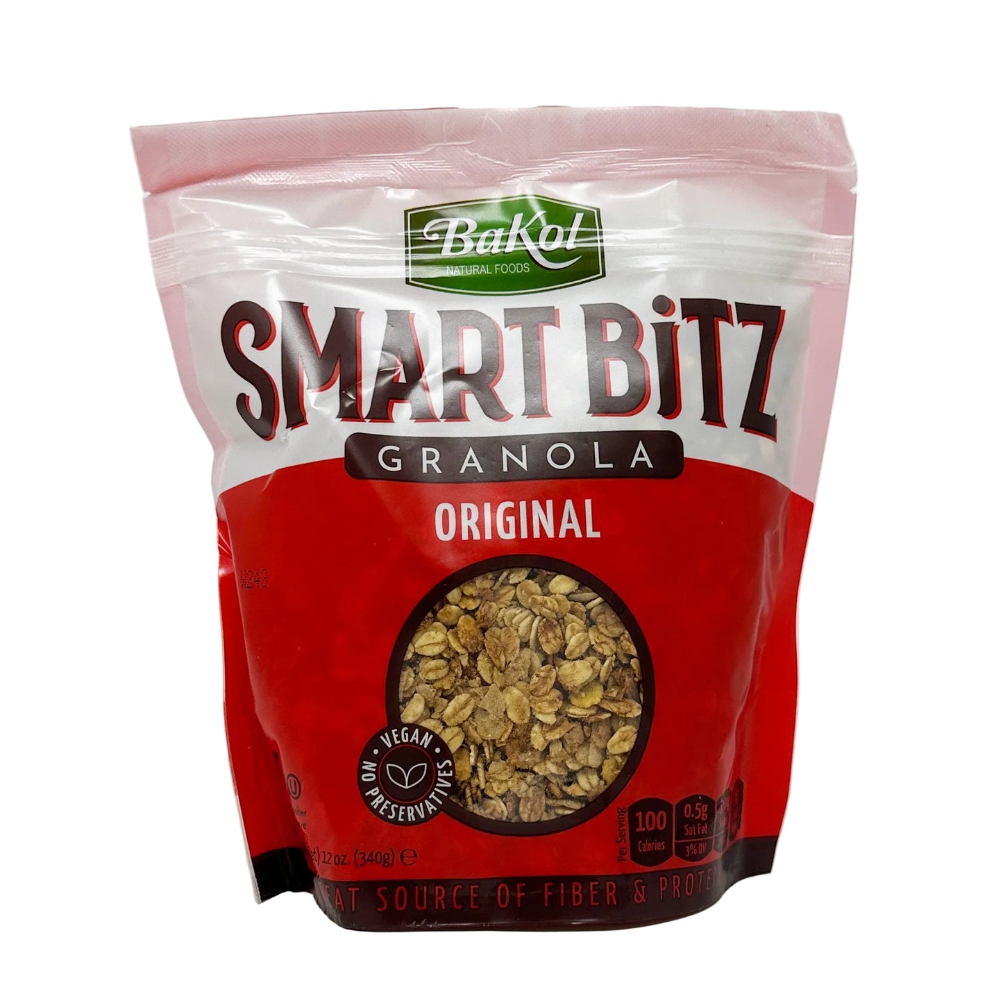 A package of Bakol Smart Bitz Granola Original flavor, featuring a transparent window showing the granola inside. The packaging is predominantly red and white with product information and the Bakol logo.