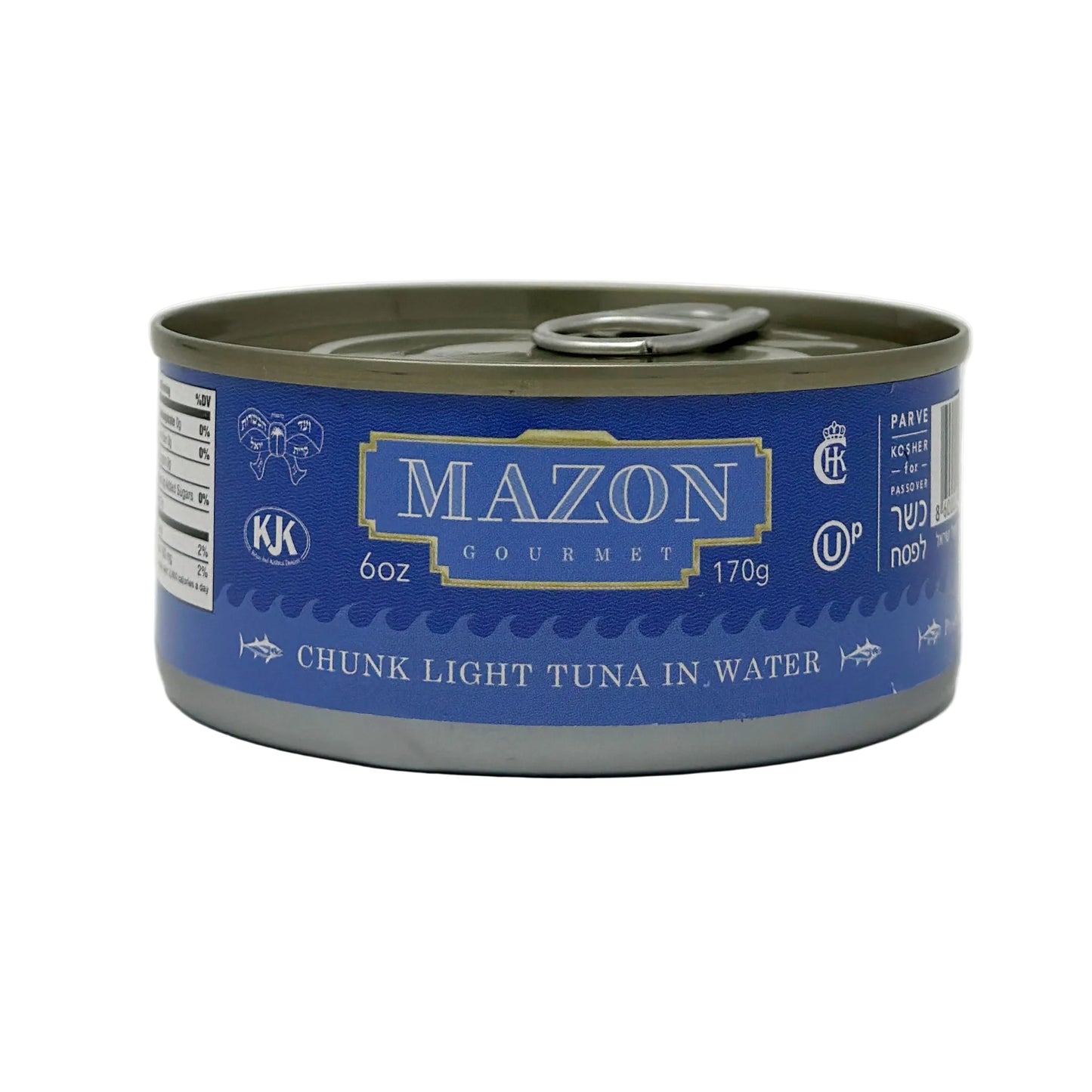 Canned tuna in water with Mazon branding on a white background