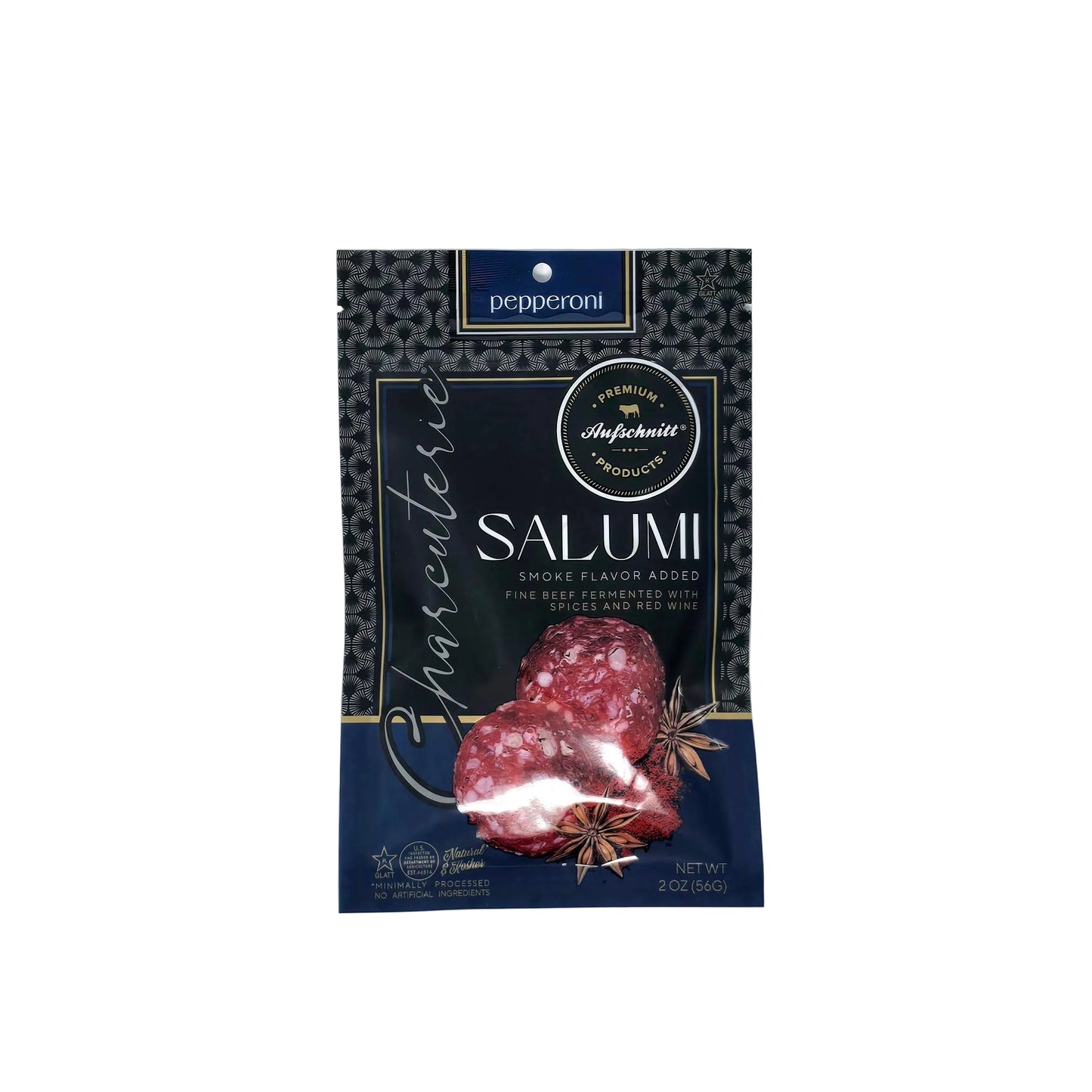 Packaged salumi charcuterie with pepperoni flavor by Peppermint, displayed against a white background.