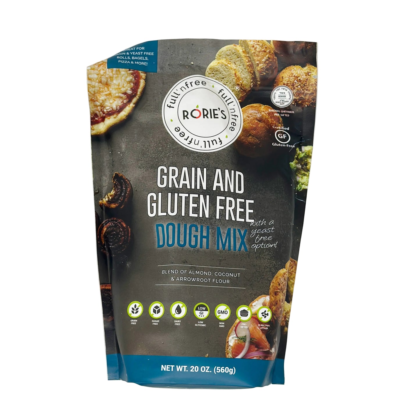 Packaging for Rorie's Grain and Gluten Free Dough Mix, showing the product and its features, such as being blind-folded, coconut oil, and preservative-free.
