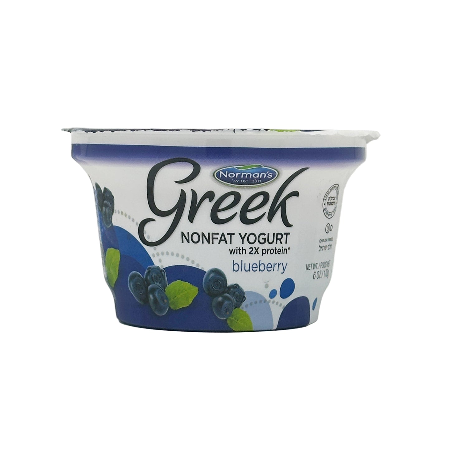 A container of Norman's Greek Non-Fat Yogurt with Blueberry flavor, 6 oz size, with branding and blueberry graphics on the label.