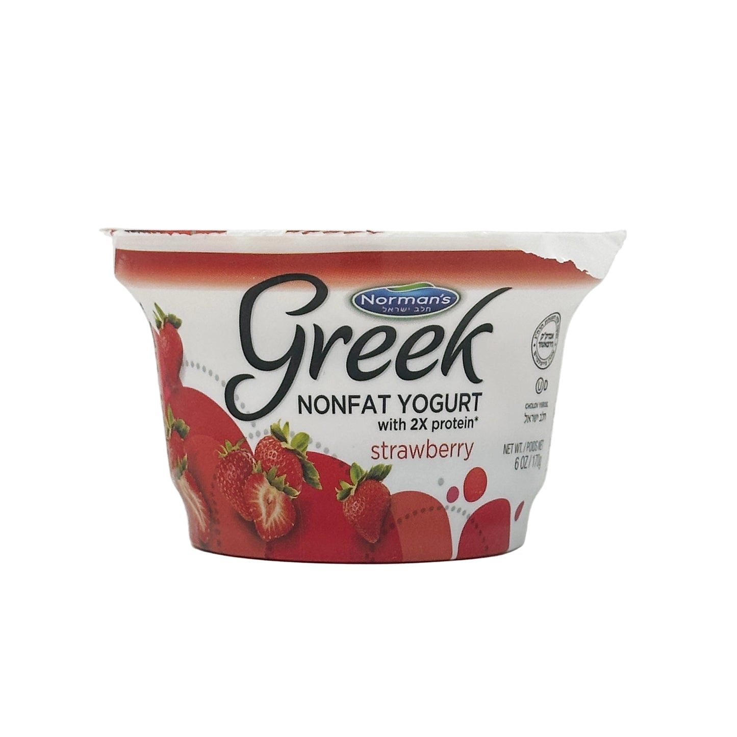 A container of Norman's Greek Non-Fat Yogurt with Strawberry flavor. The packaging is predominantly white and red, with images of strawberries and the yogurt itself visible through the clear window.