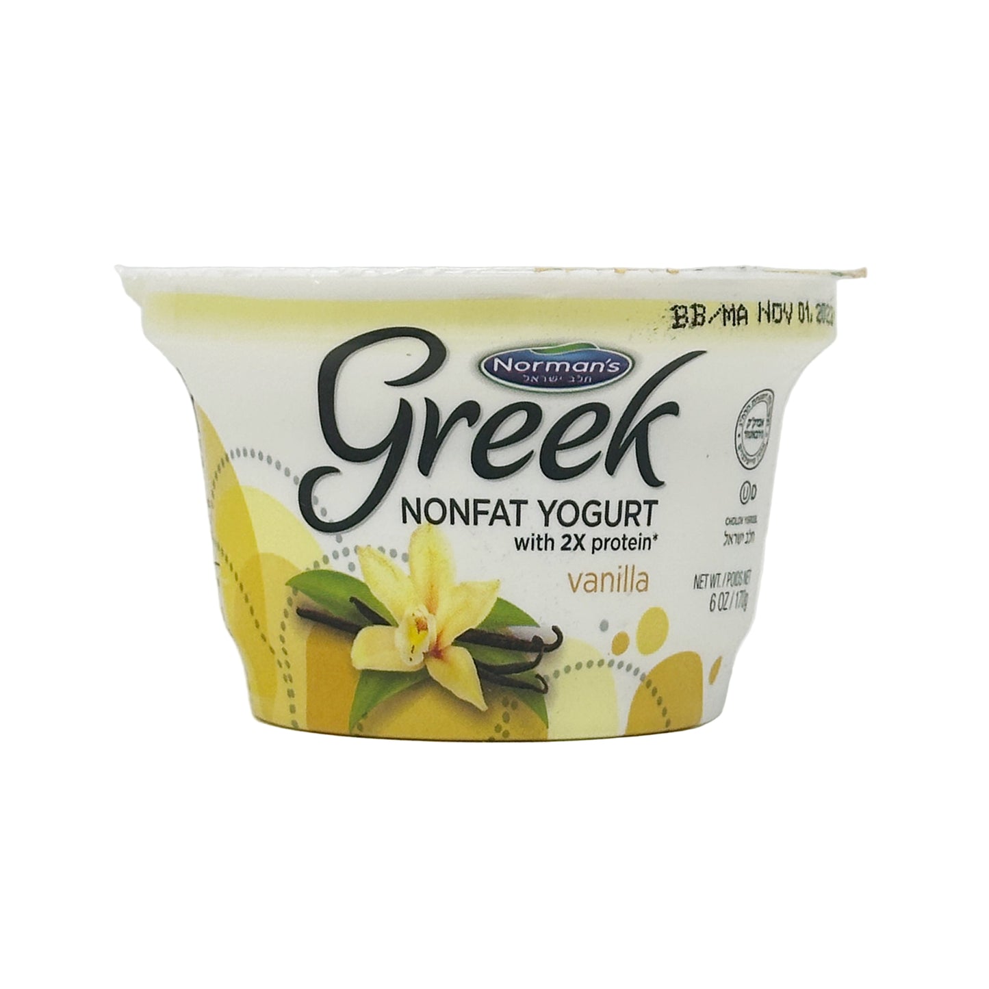 Container of Norman's Greek Nonfat Vanilla Yogurt on a white background