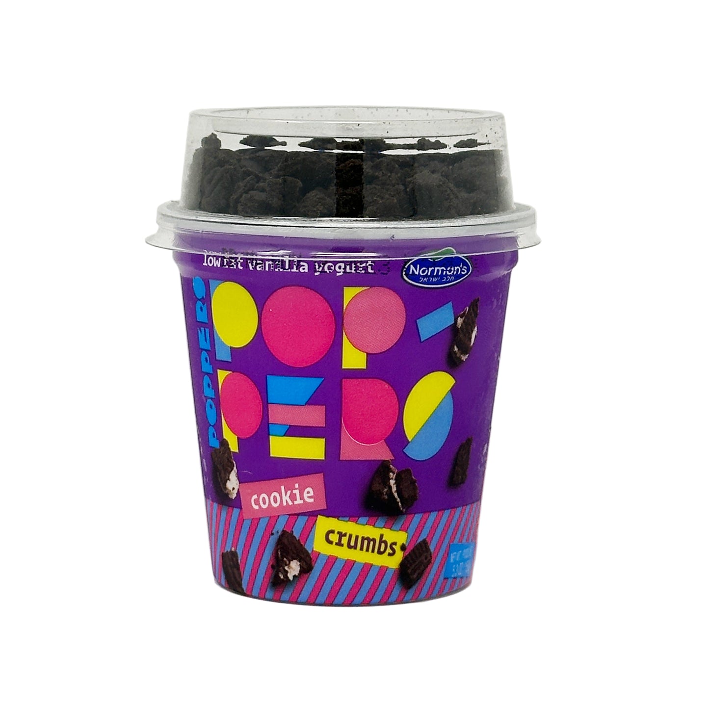 A container of Norman's Poppers Yogurt Cookie Crumbs with colorful packaging, featuring the product name and a visual of the crumbs on a spoon.