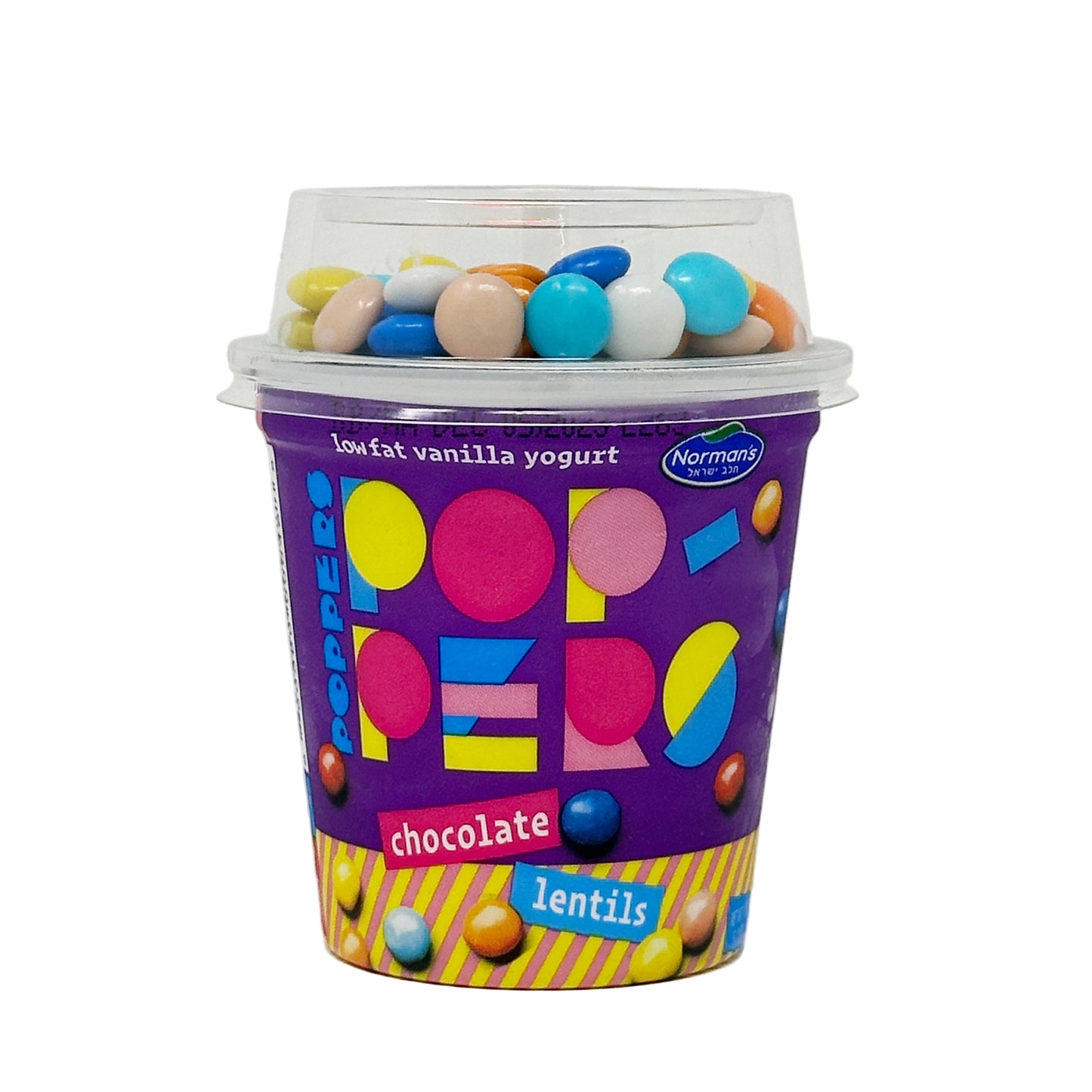 A container of Norman's Poppers Chocolate Lentils yogurt, with colorful lentils visible through the transparent container. The packaging is vibrant with bold lettering and graphics.
