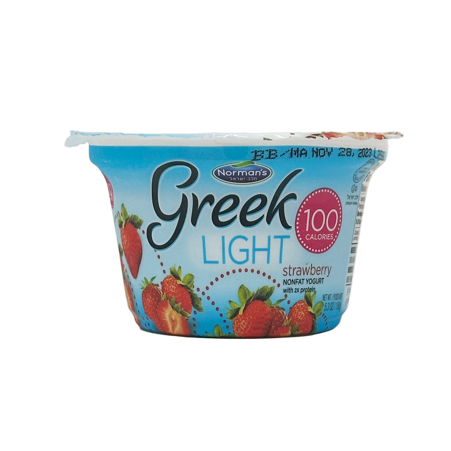 A container of Norman's Greek Light Strawberry yogurt with a blue and white label, featuring images of strawberries.