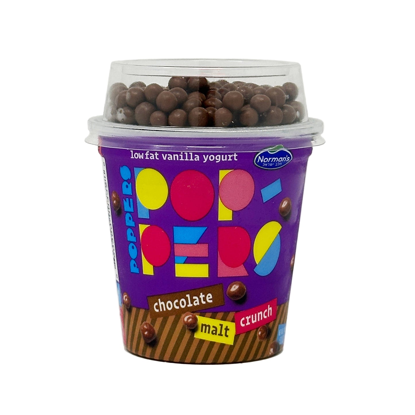 A container of Norman's Poppers Chocolate Malt Crunch yogurt snack, with colorful branding and visible chocolate pieces.