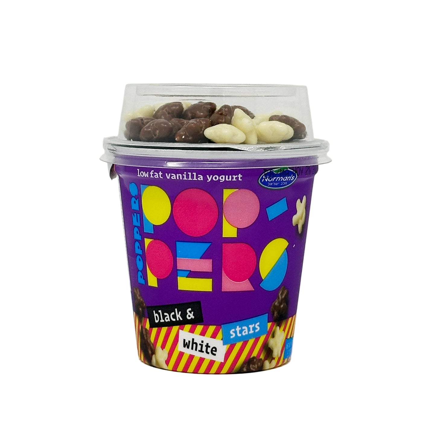 A container of Norman's Poppers Black&White Stars, with the lid off showing star-shaped popped rice cakes inside. The packaging is colorful with 'lofat vanilla yogurt' indicated and the words 'black&white stars' prominently displayed.