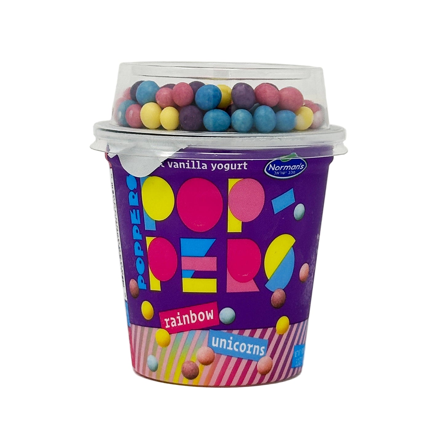 A container of Norman's Poppers Rainbow Unicorns, which is a type of popcorn snack. The packaging is colorful with a unicorn and rainbow theme, and the container is filled with multicolored popcorn.