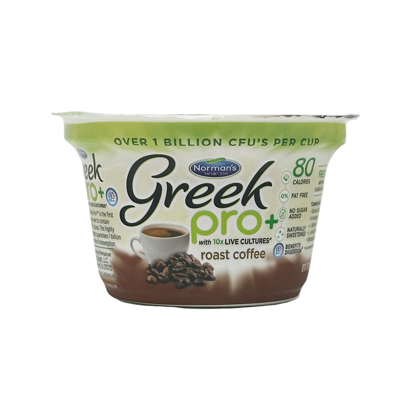 A container of Norman's Greek Pro+ Roast Coffee with the lid off, showing the yogurt and coffee blend inside.
