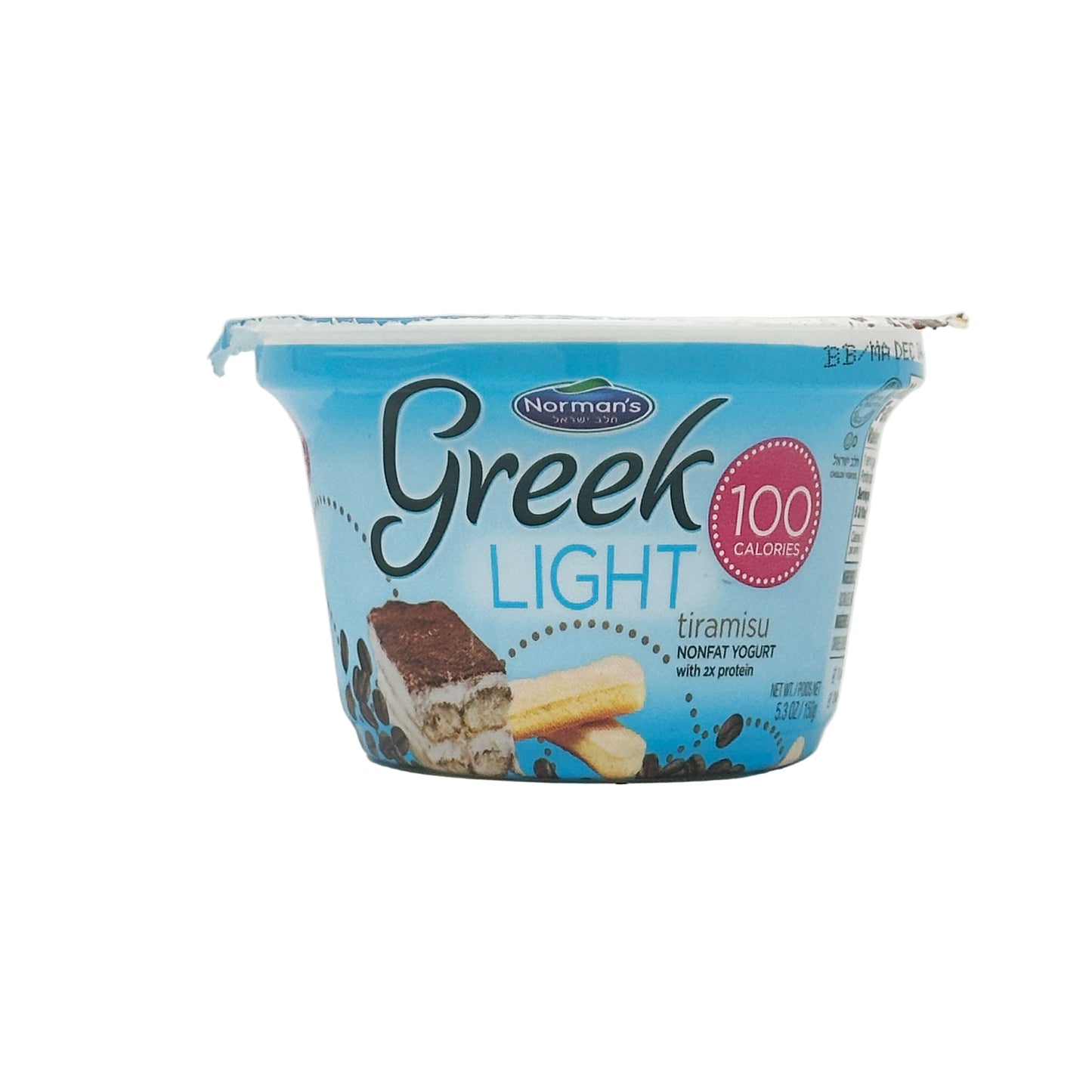 A container of Norman's Greek Light Tiramisu yogurt, 5.3 oz size, with branding and pictures of the product on the label.