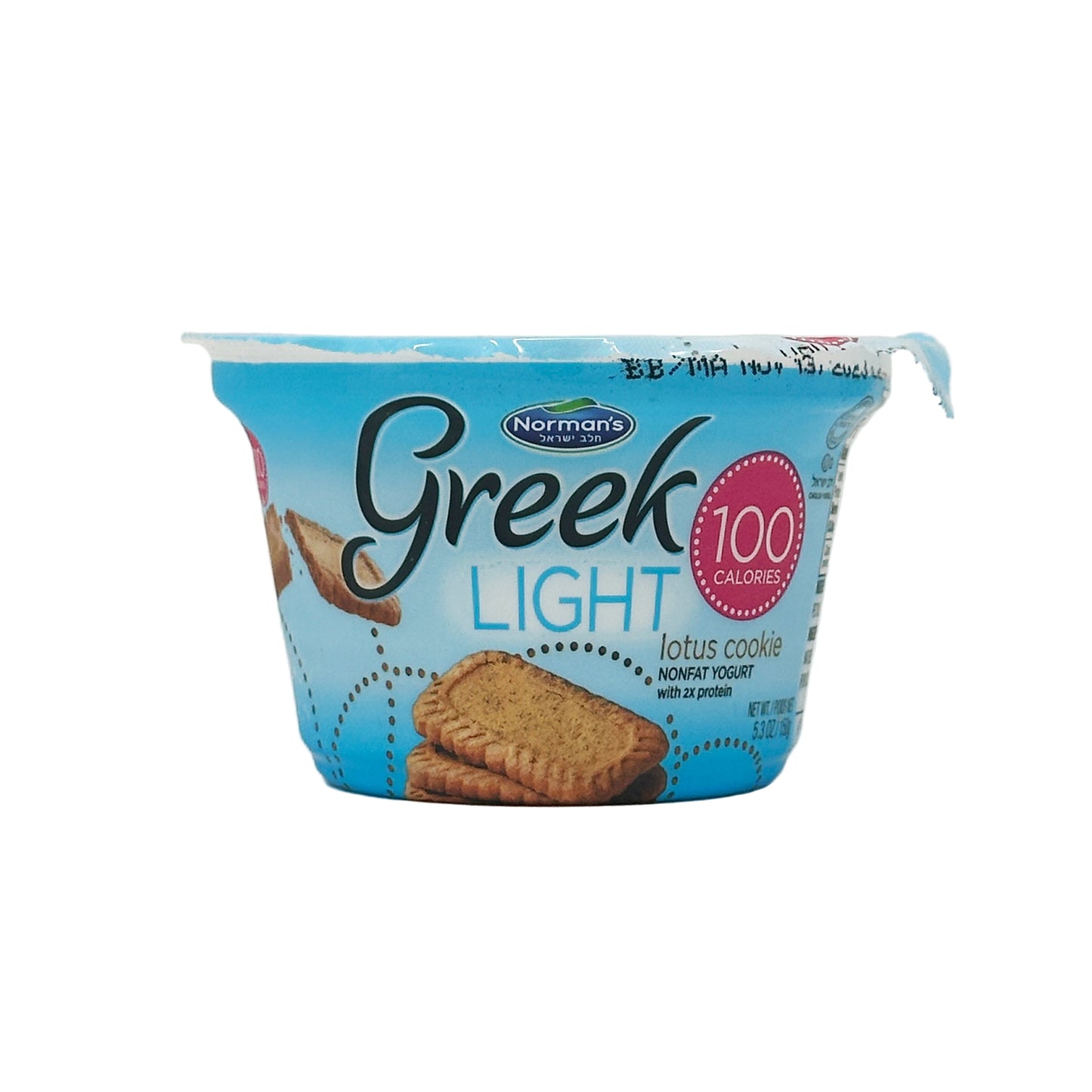 A cup of Norman's Greek Light Lotus Cookie, displaying the product name and an image of the cookies. The packaging is predominantly blue and white with text and branding.