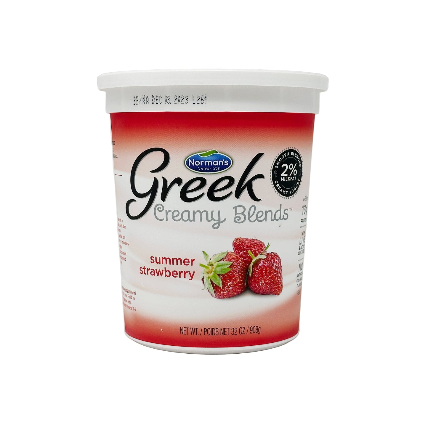 A container of Norman's Greek Creamy Blends Strawberry Yogurt, 32 oz size, with the brand and product flavor prominently displayed on the label.