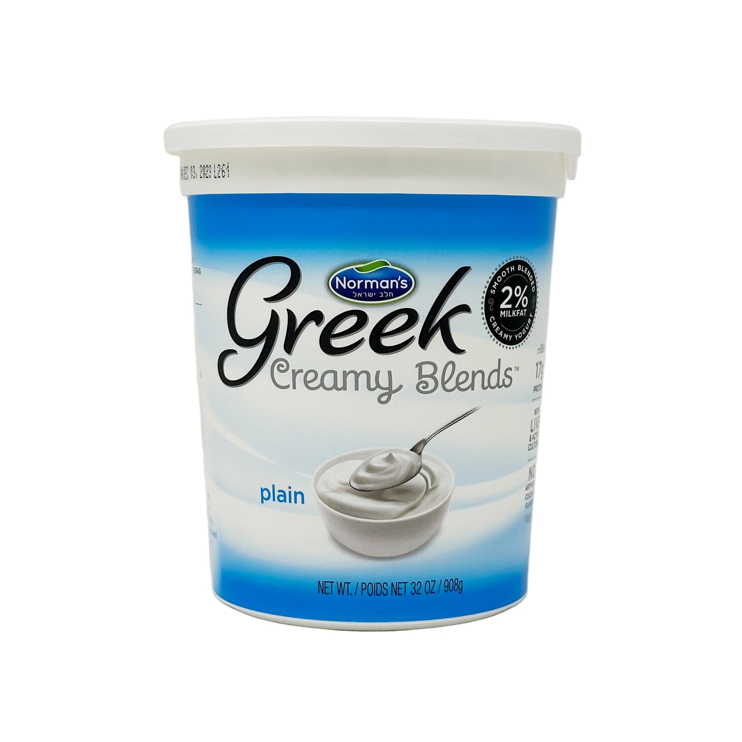 A container of Norman's Greek Creamy Blends Plain yogurt, 32 oz size, with branding and product information displayed on the label.