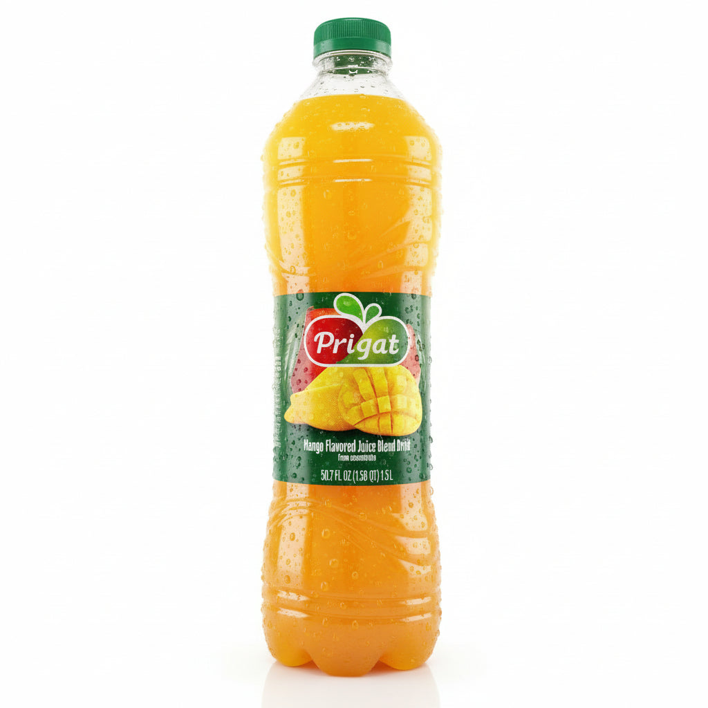 A plastic bottle of Prigat Mango Flavored Juice Blend Drink with a green cap, labeled 50.7 oz, with a picture of a ripe mango on the label.