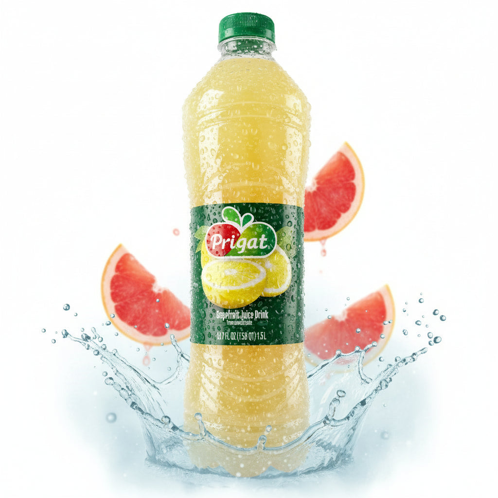 A bottle of Prigat Grapefruit Juice Drink with a green label and a picture of a grapefruit. The bottle is tinted and the brand name is prominently displayed.