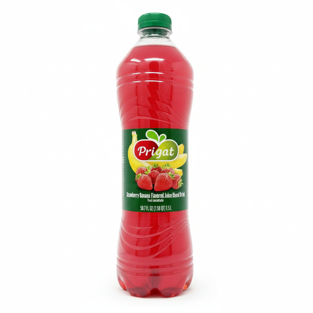 A 50.7 oz bottle of Prigat Strawberry Banana Flavored Juice Blend Drink with red and yellow coloring and a green cap.