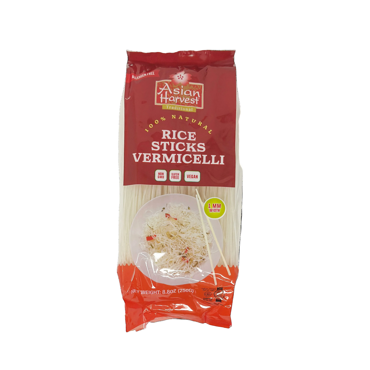 Packaging of Asian Harvest Rice Sticks Vermicelli, showing the product through a clear window, with a red and white color scheme.