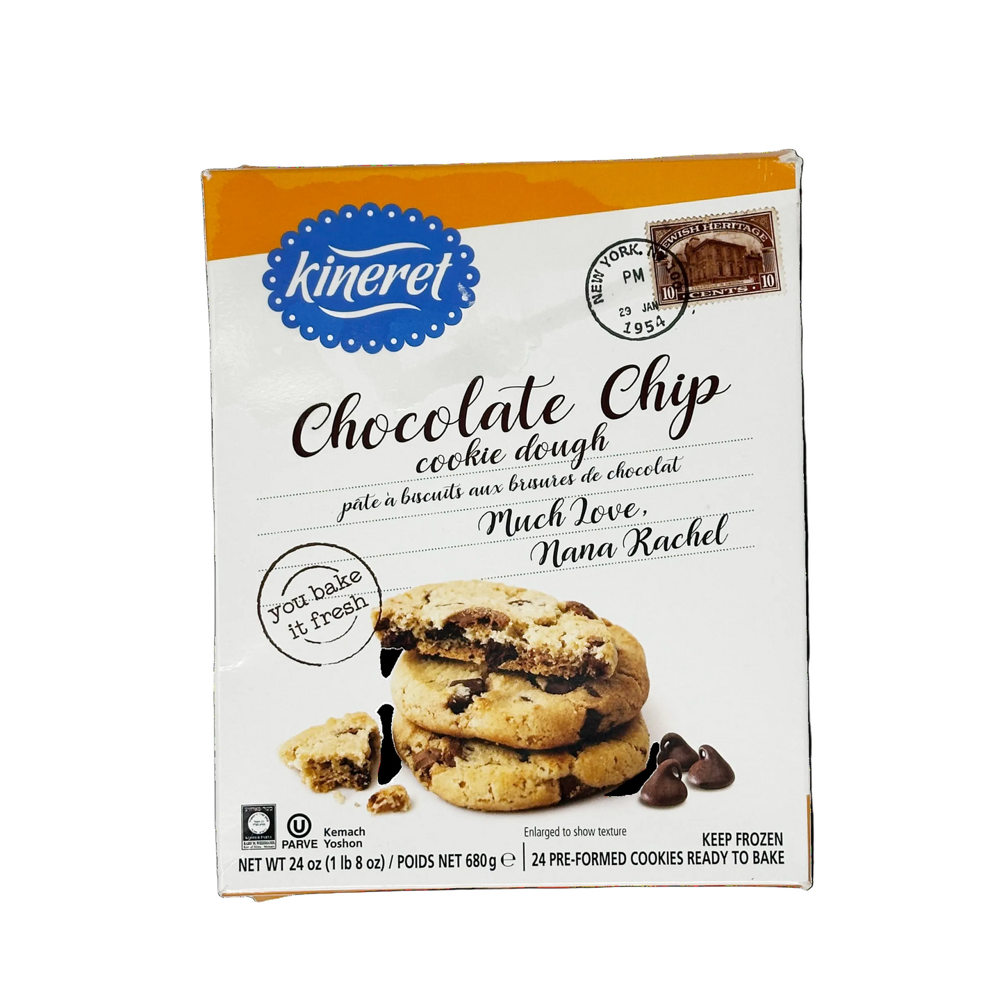 Packaging of Kineret Chocolate Chip Cookie Dough showing the product name, an image of cookies, and the weight of 24 oz.