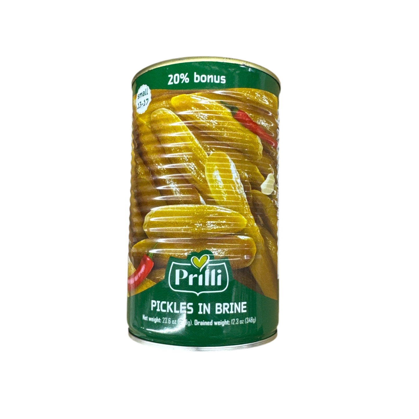 Can of Prilló pickles with green label on a white background