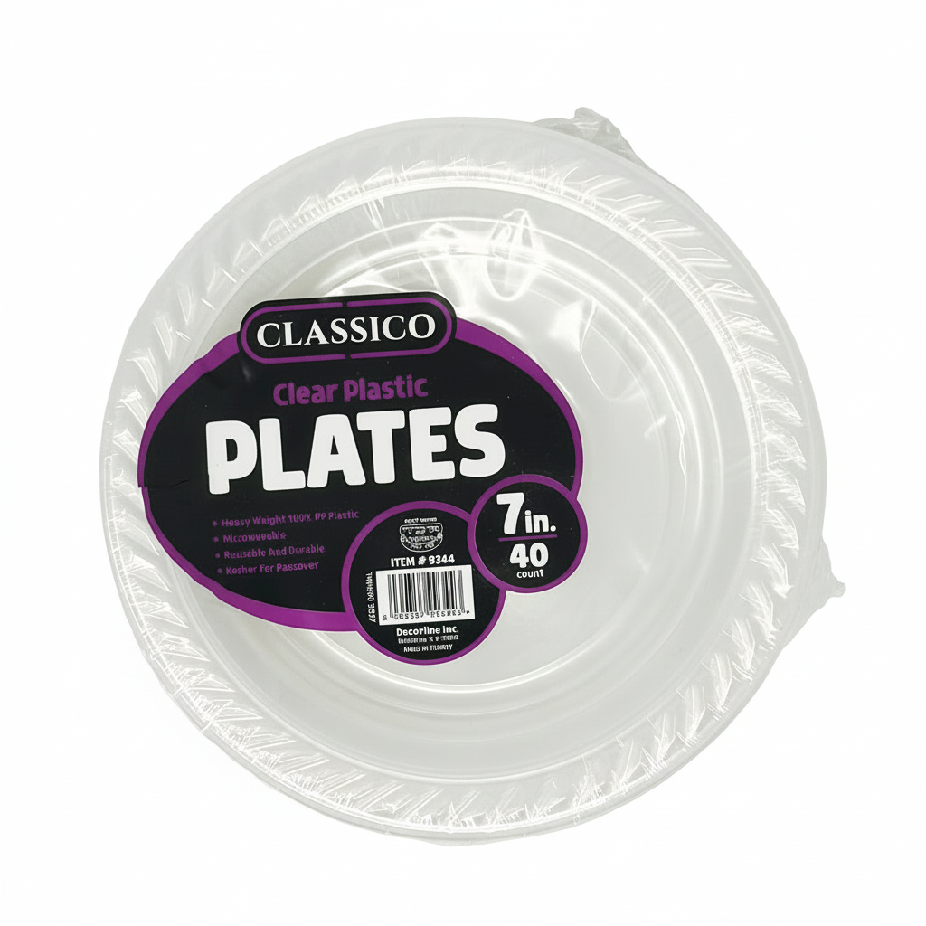 A stack of clear plastic plates with the brand 'Classico' and the product name 'Clear Plastic Plates' displayed on the label, indicating a 7-inch size and a pack of 40.