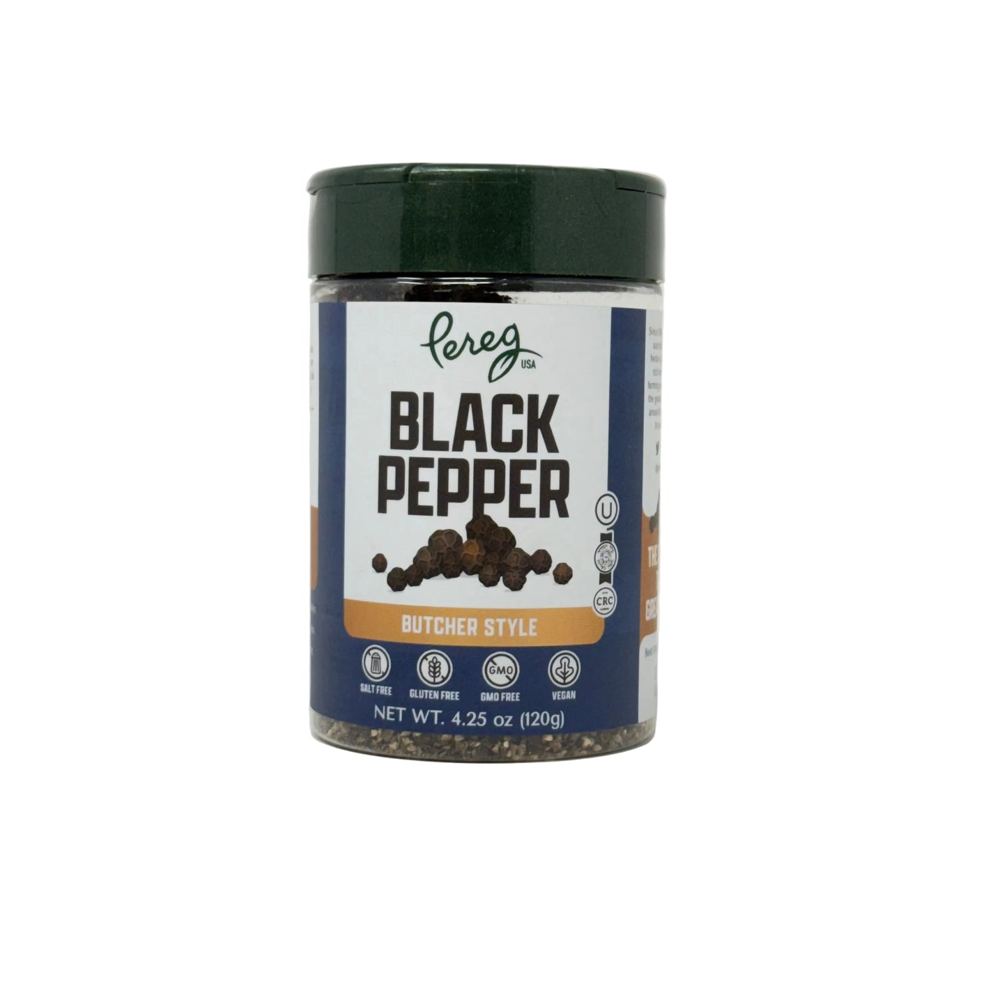 Jar of black pepper with a label on a white background