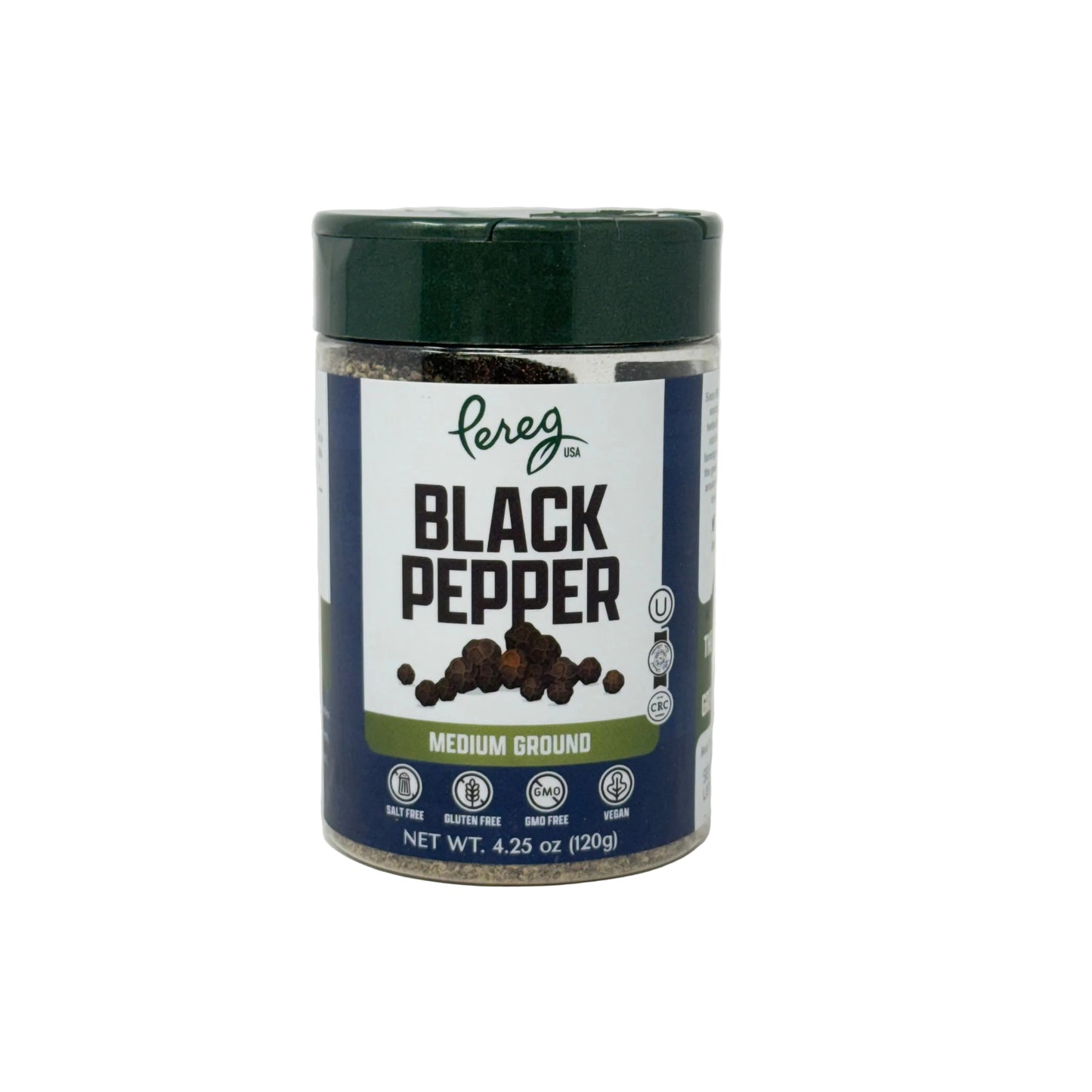 Jar of black pepper with a label on a white background