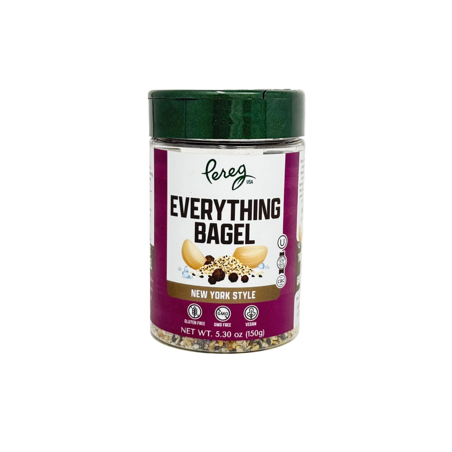Jar of Pereg Everything Bagel seasoning on a light gray background