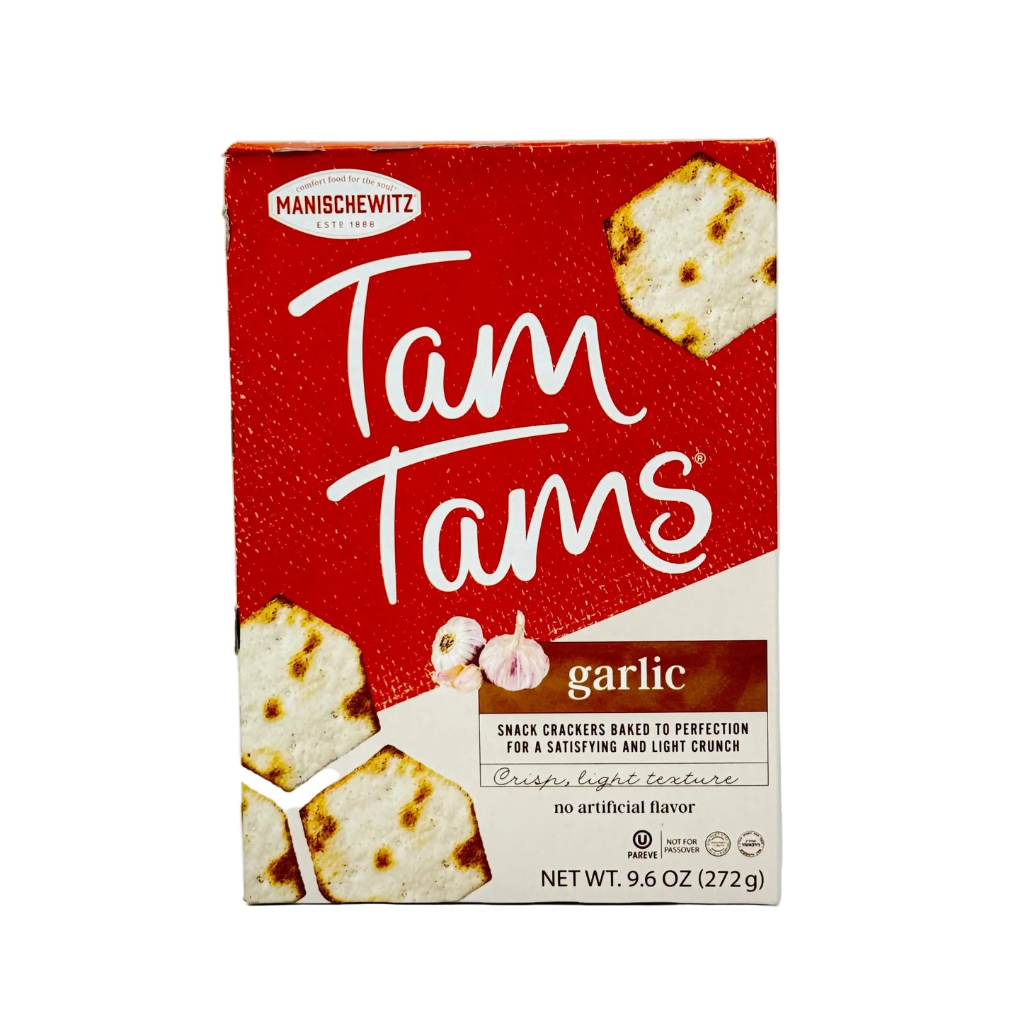 Box of Manischewitz Tam Tams Garlic snack crackers on a white background