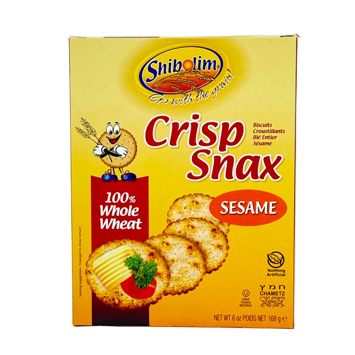 Box of Shibolim Crisp Snax Sesame crackers on a white background