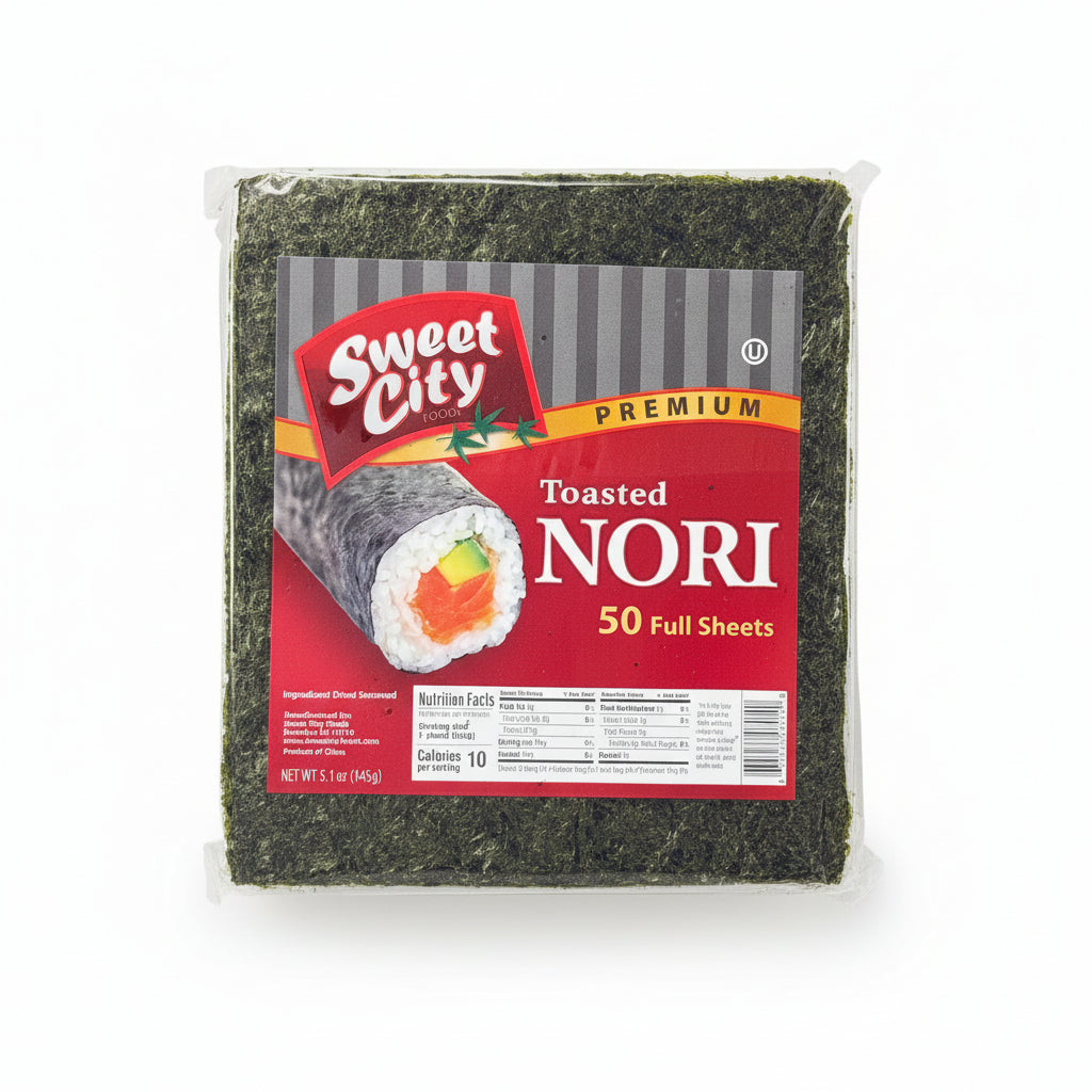 Packaged toasted nori sheets with Sweet City branding on a white background