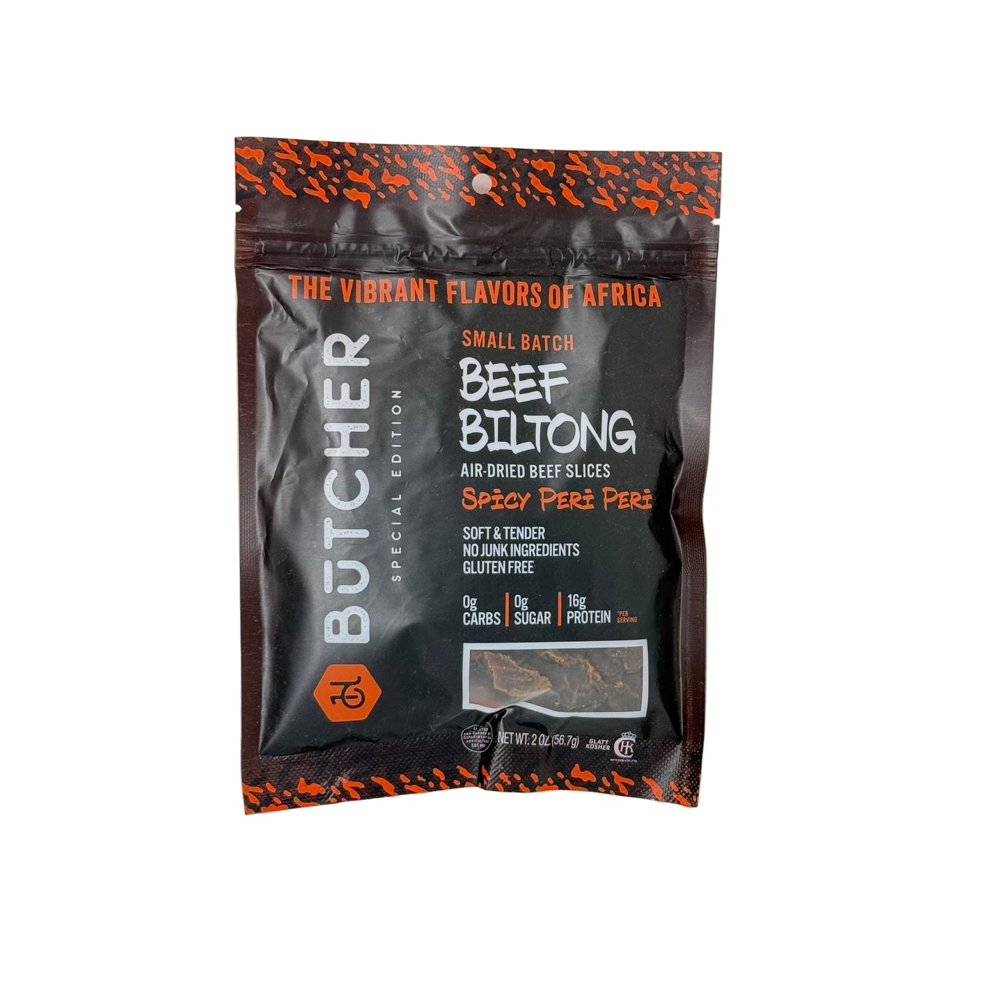 Butcher brand beef biltong package on a white background