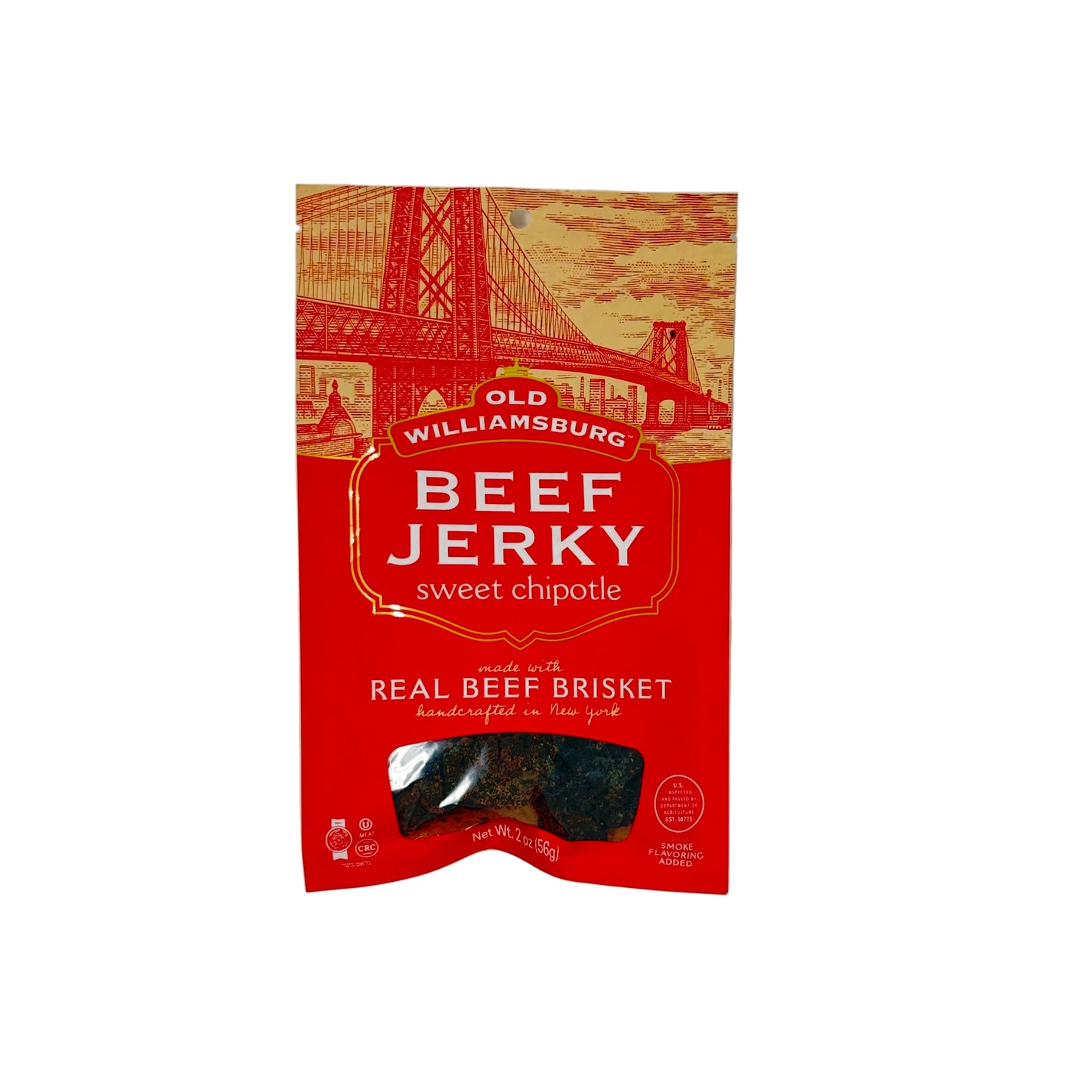 Red package of Old Williamsburg Beef Jerky on a white background