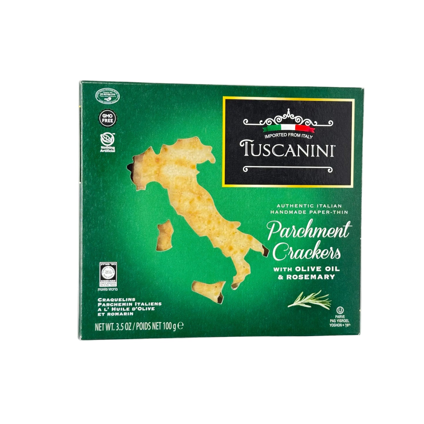 Box of Tuscanini crackers with a map of Italy design on a white background