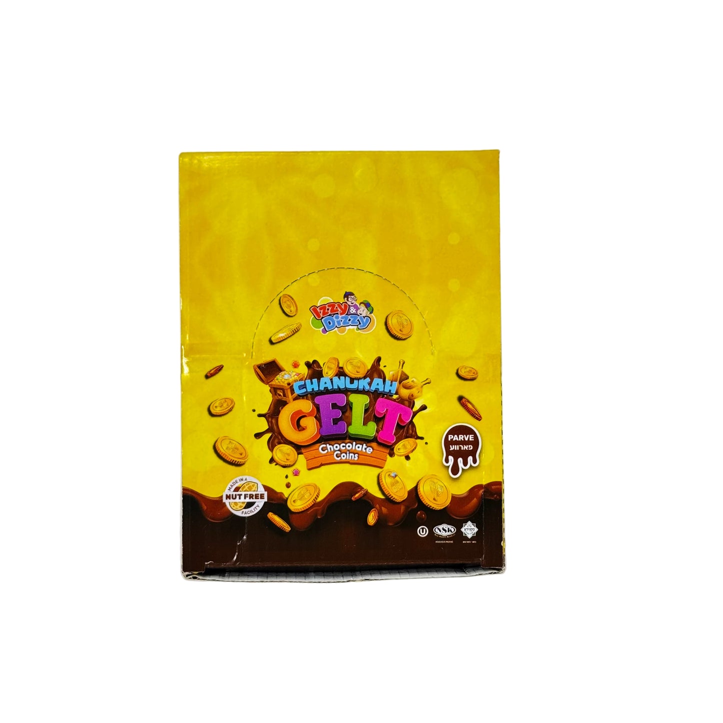 Box of Chocolate Gelt with colorful design on a white background