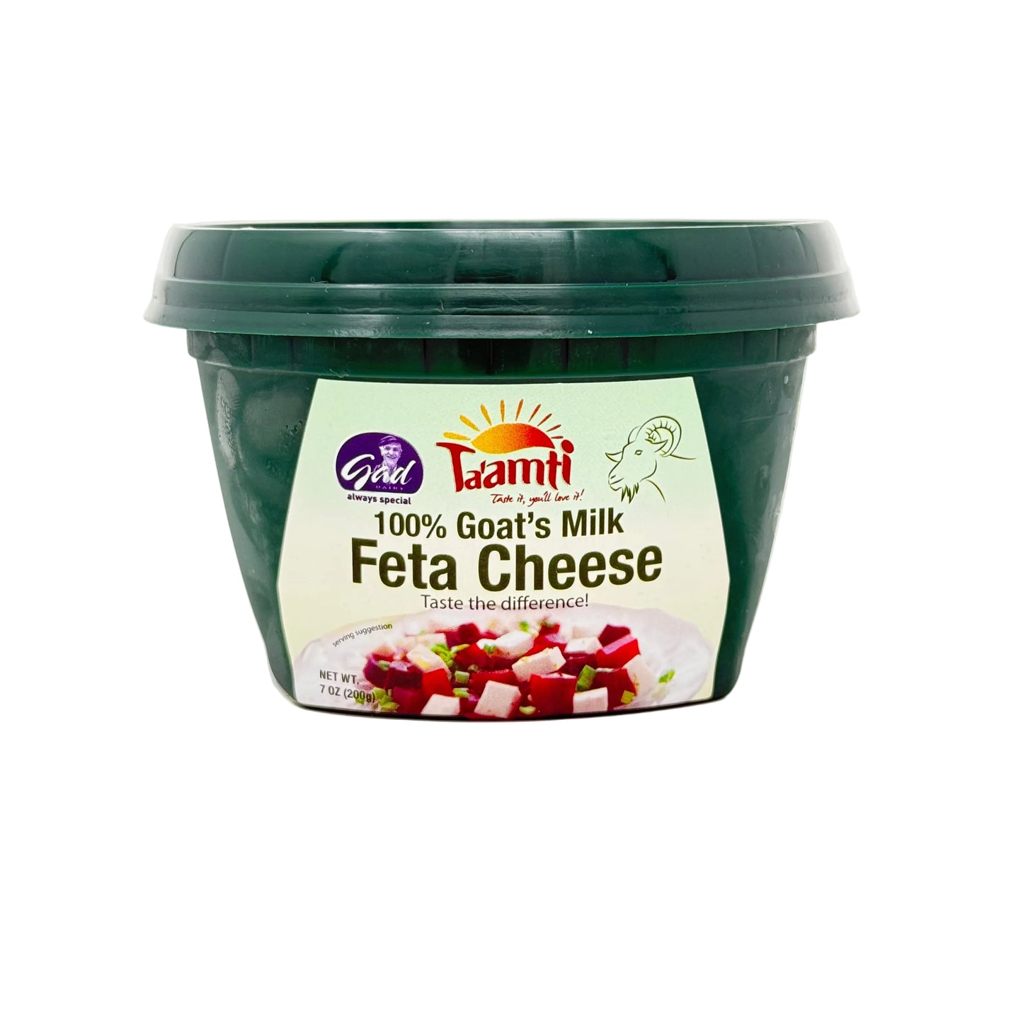 Container of Tammi 100% Goat's Milk Feta Cheese on a white background