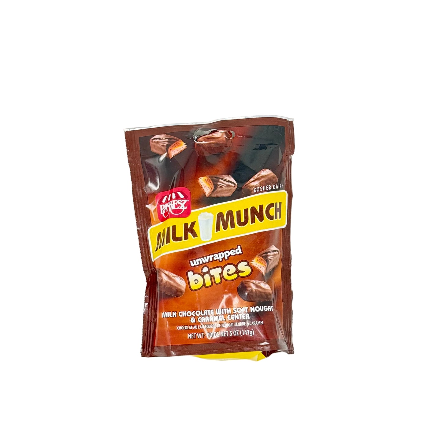 Packaged Milk Munch bites on a light gray background