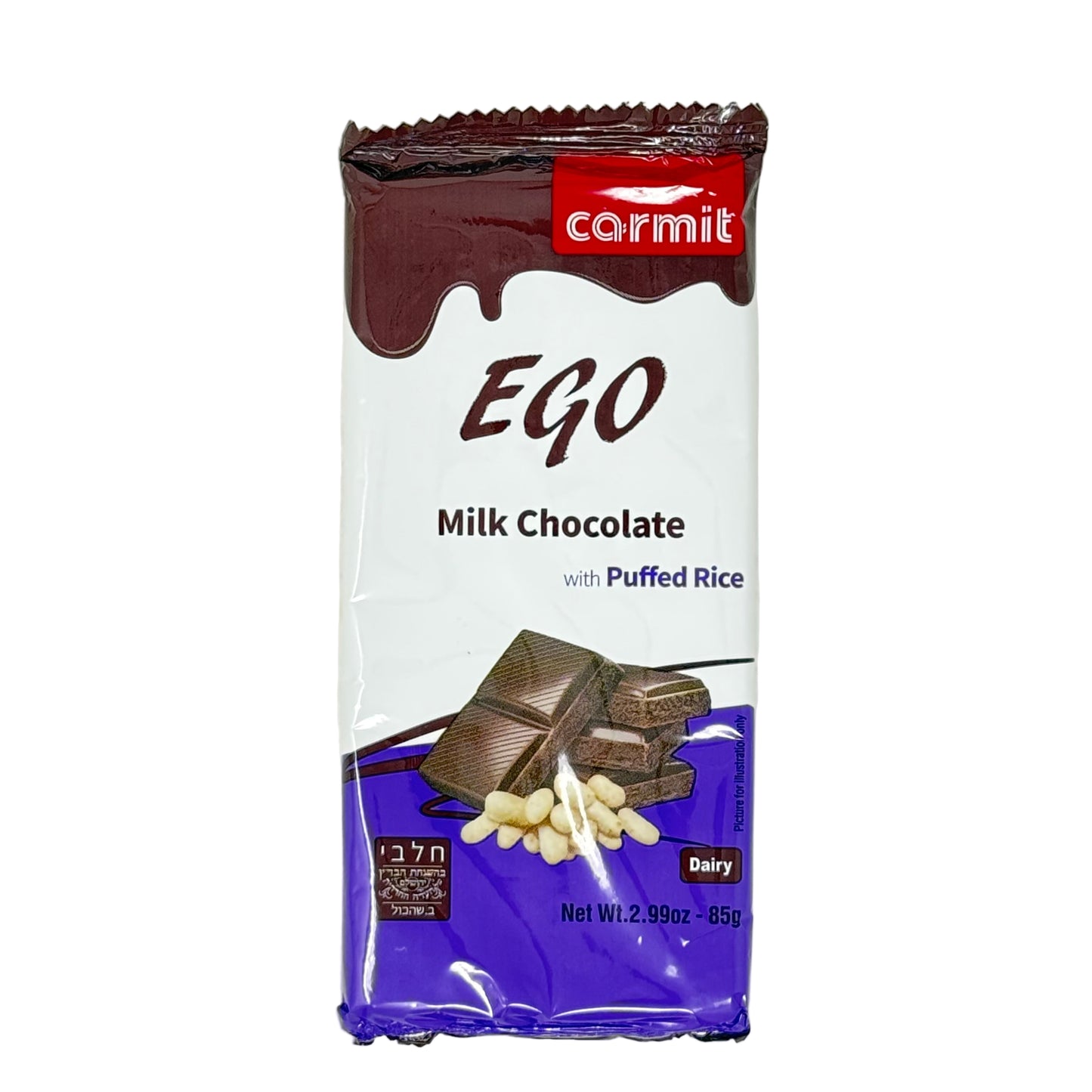 Carmit Ego Milk Chocolate with Puffed Rice packaging on a white background