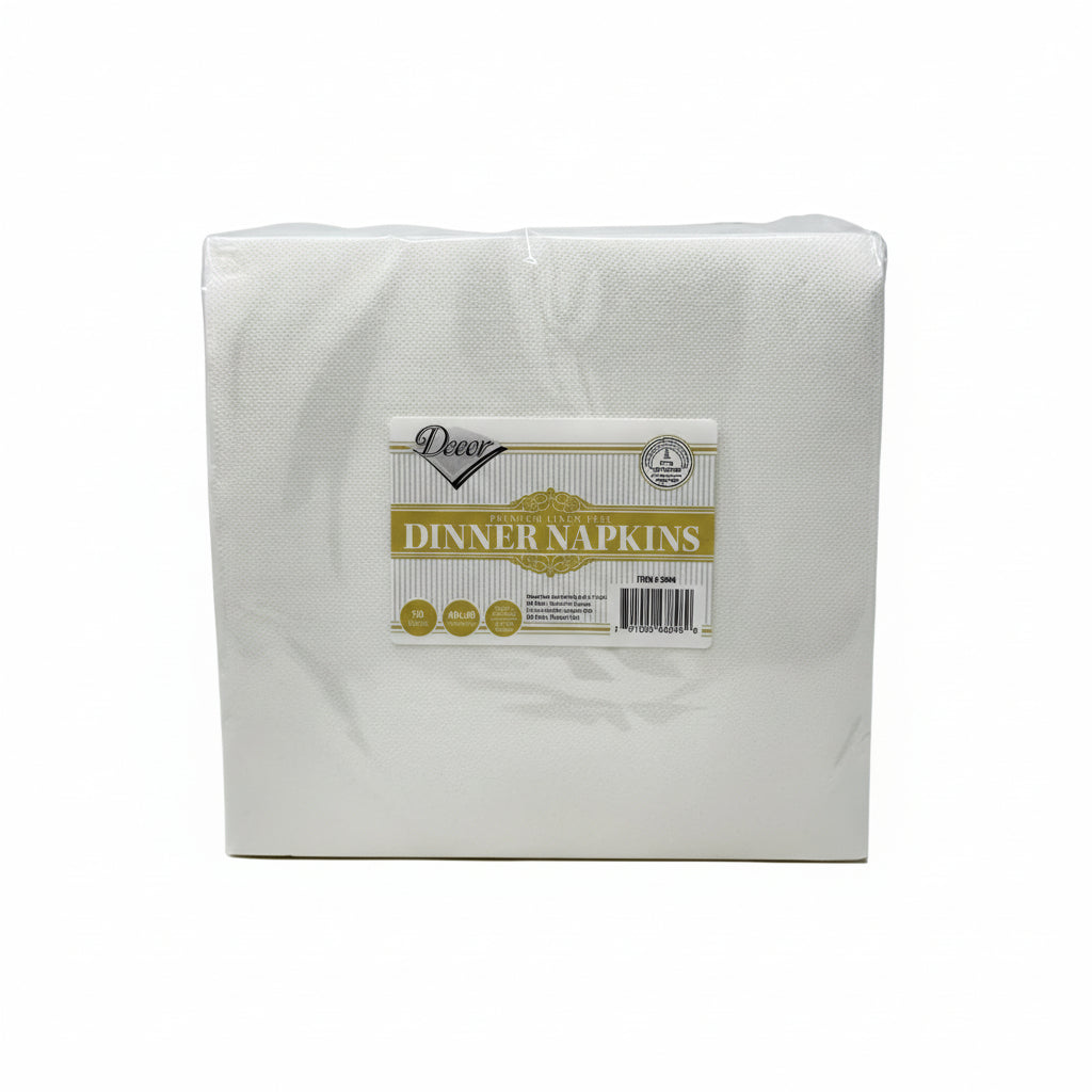 Pack of white dinner napkins with a decorative label on a white background